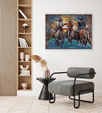 KUNSTLOFT Holzbild Cowboys Ride at Sunset 100x75 cm, handgefertiges Wandbild aus Holz