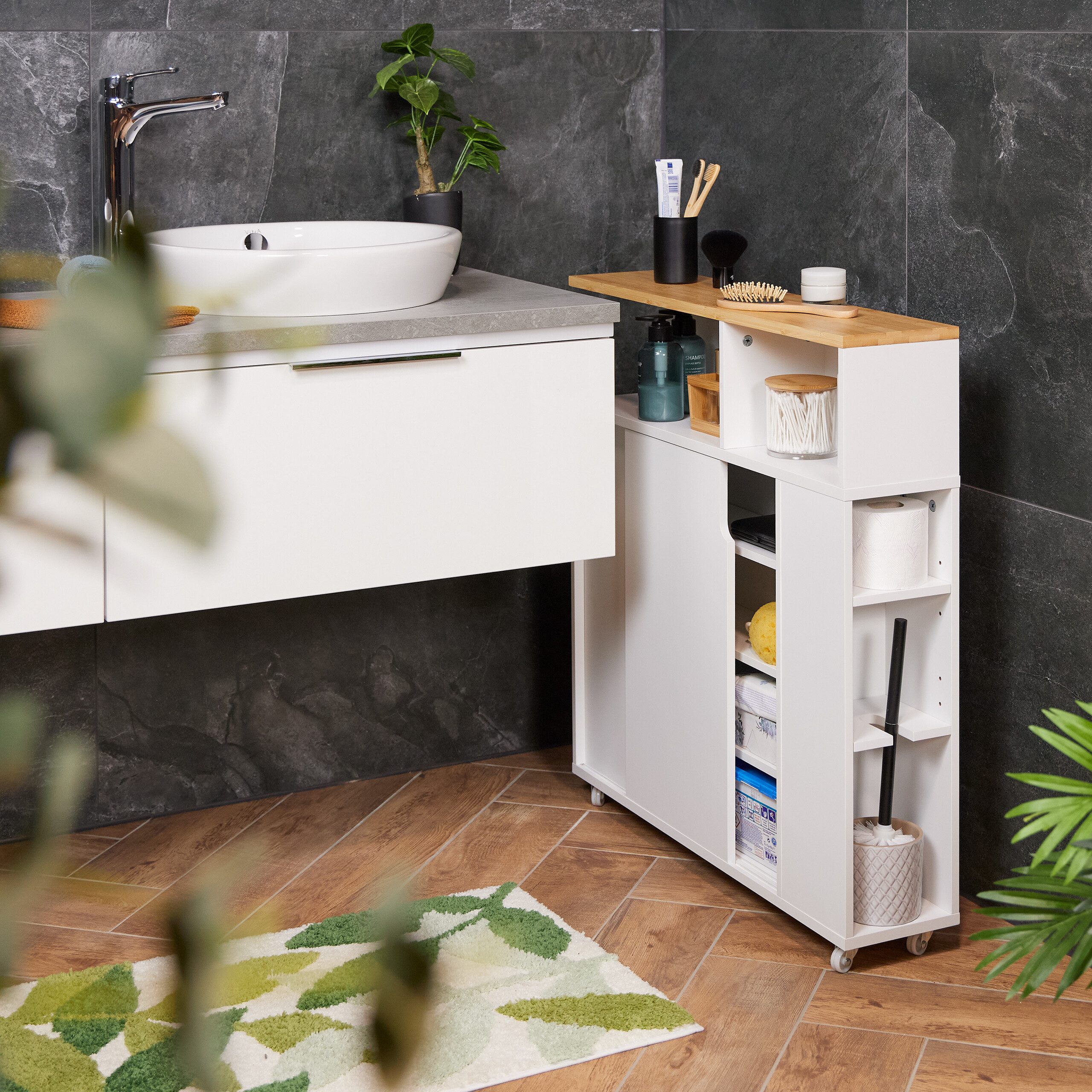 relaxdays Badregal Weißer Nischenschrank mit Bambusablage