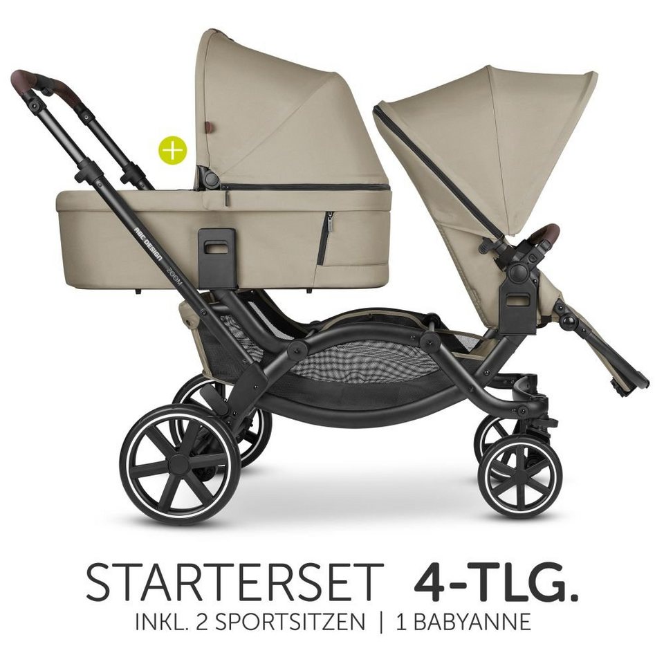 ABC Design Geschwisterwagen Zoom - Classic Edition - Reed, (4-tlg),  Geschwisterkinderwagen Zwillingskinderwagen mit Sportsitzen, Babywanne