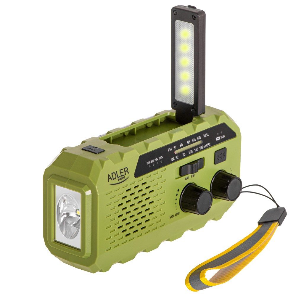 ADLER EUROPE Adler AD 1197 tragbares Notfallradio (FM, Powerbank, AM-Radio, LED-Taschenlampe, Kurbelradio, Solar, Dynamo, SOS-Alarm, Grün)