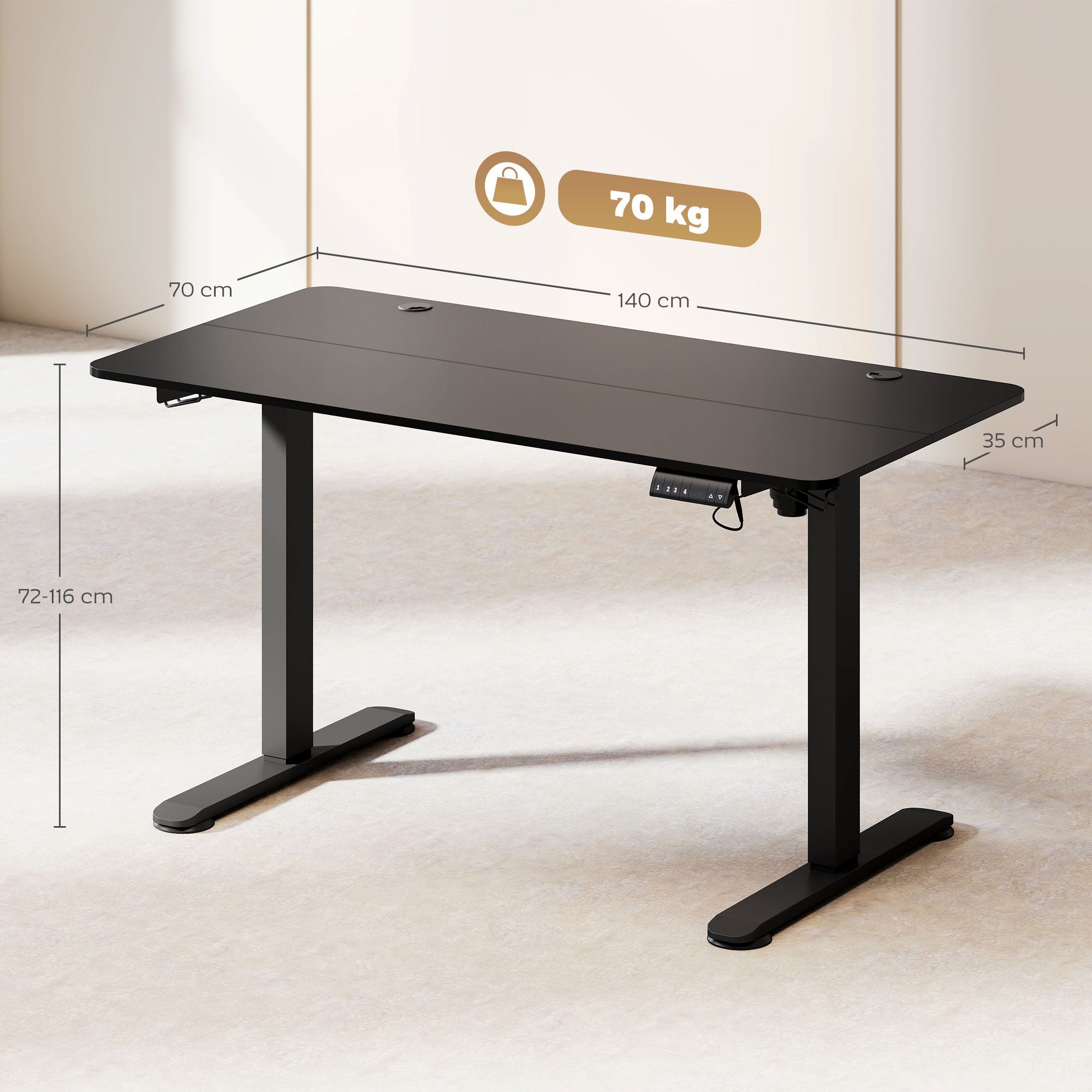 Vinsetto Schreibtisch 140 x 70 cm Höhenverstellbar, Ergonomisch, Anti-Kollision (Laptoptisch, 1-St., Computertisch), für Wohnzimmer, Arbeitszimmer, Schwarz
