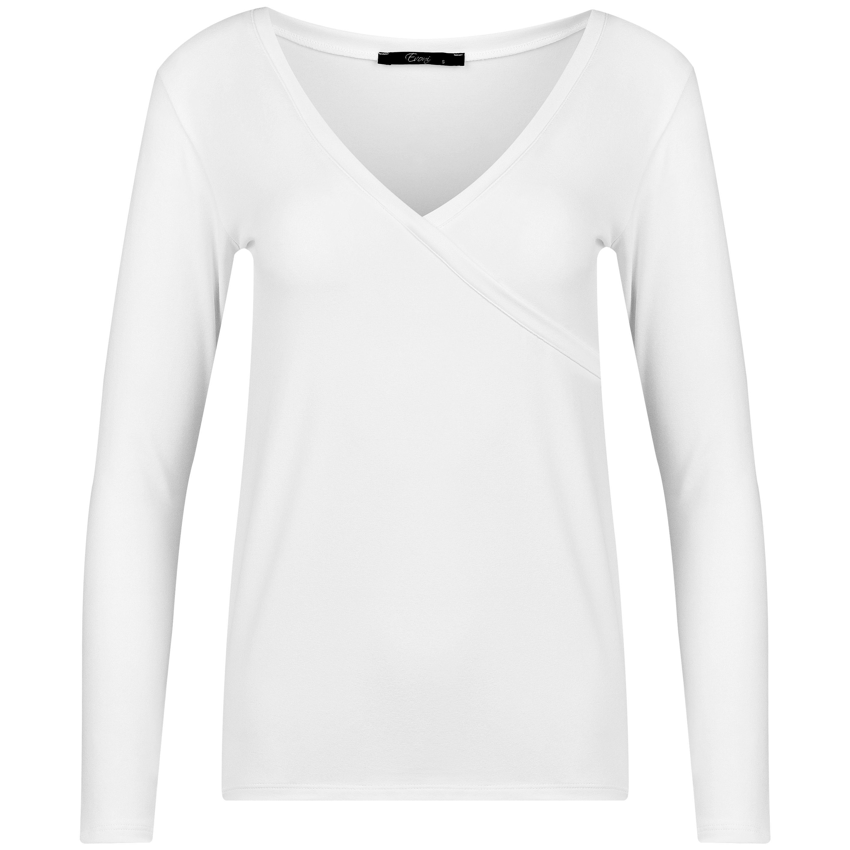 Evoni Langarmshirt Damen Basic Shirt Langarm Baumwolle mit V-Ausschnitt weiß