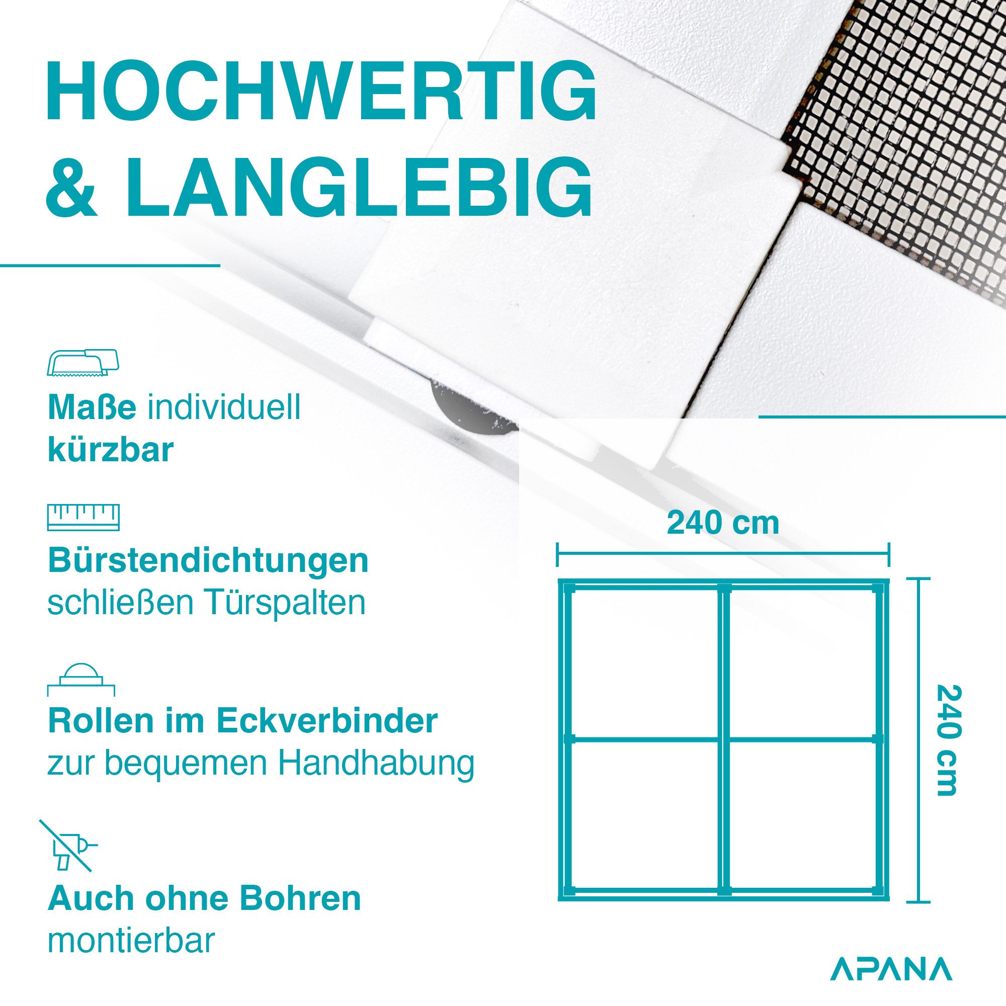 APANA Insektenschutz-Tür Fliegengitter Insektenschutz Schiebetür Doppelschiebetür 240 x 240 cm, Farbe: braun
