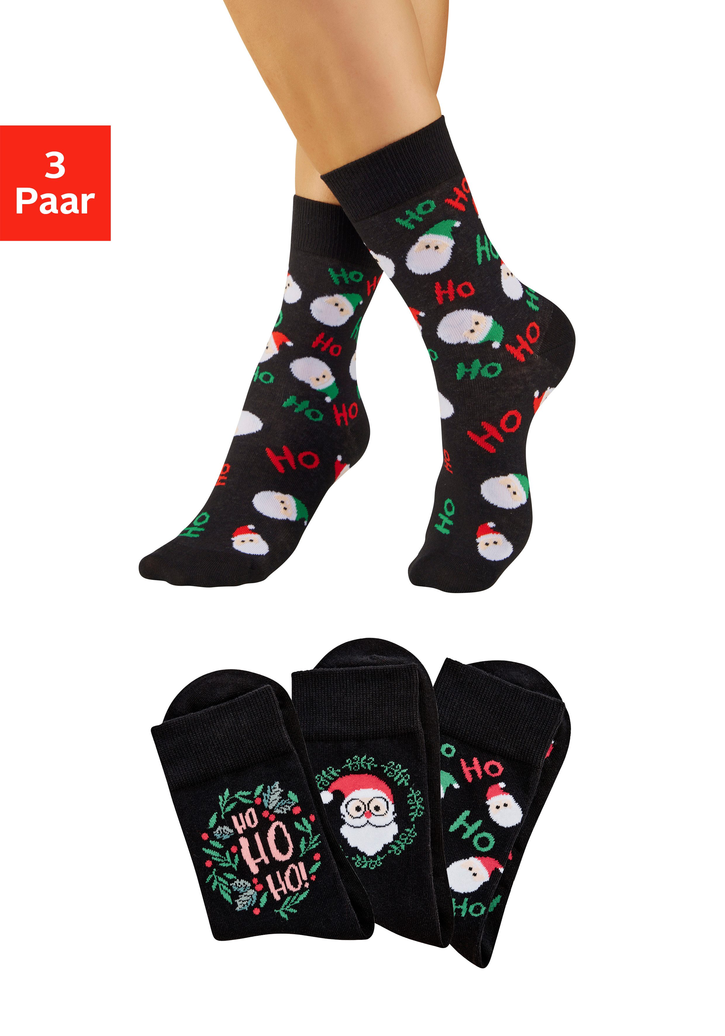 H.I.S Freizeitsocken Damen Weihnachtssocken (Packung, 3-Paar, Gr. 35-38 bis 39-42) mit lustigen Weihnachtsmotiven