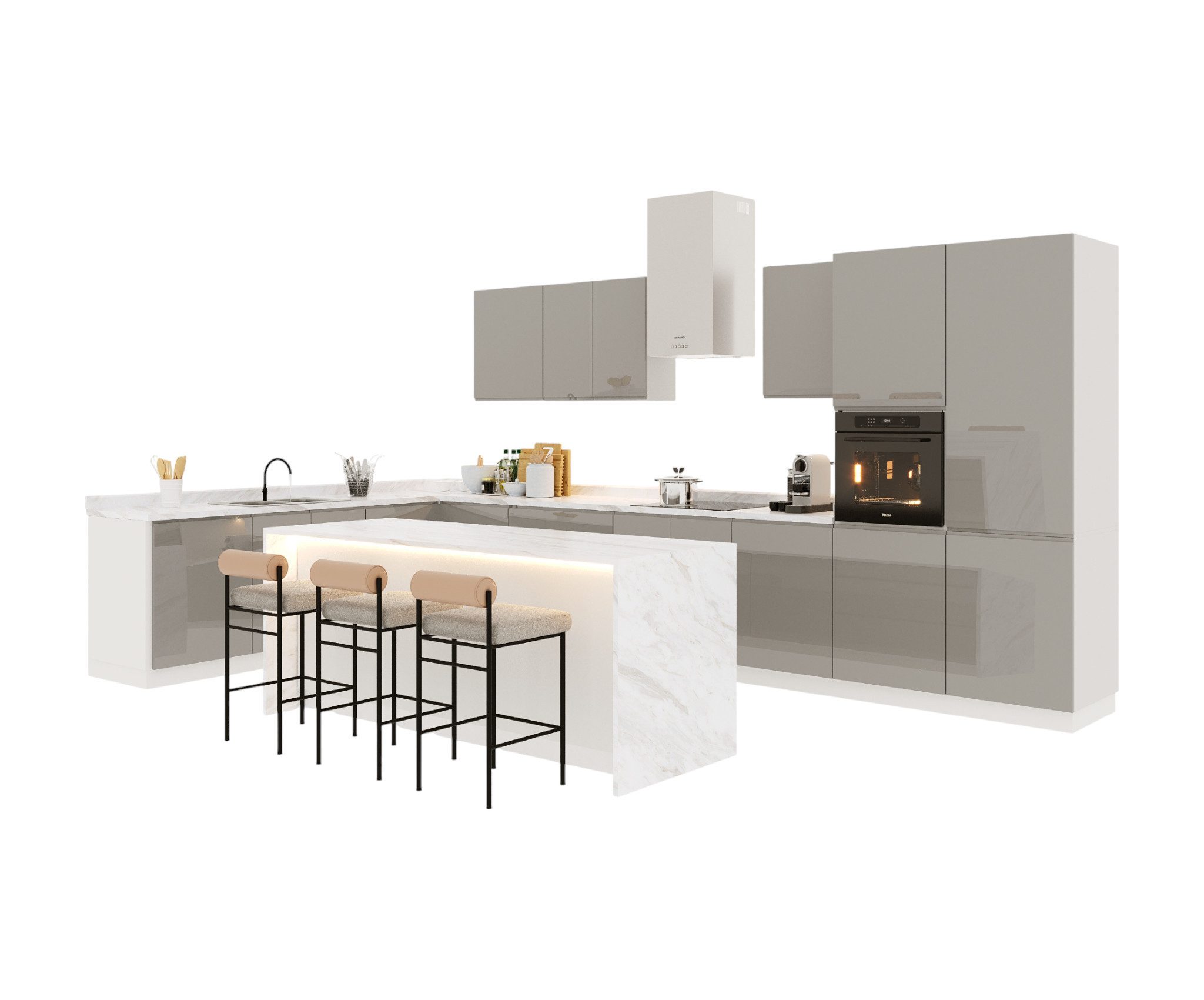 ROYAL24_MARKT Kücheninsel KU-S17 – Aspen – Hochglanz Weiß – Grau, (Komplett Set), Hochwertig – Zeitlos – Perfekt