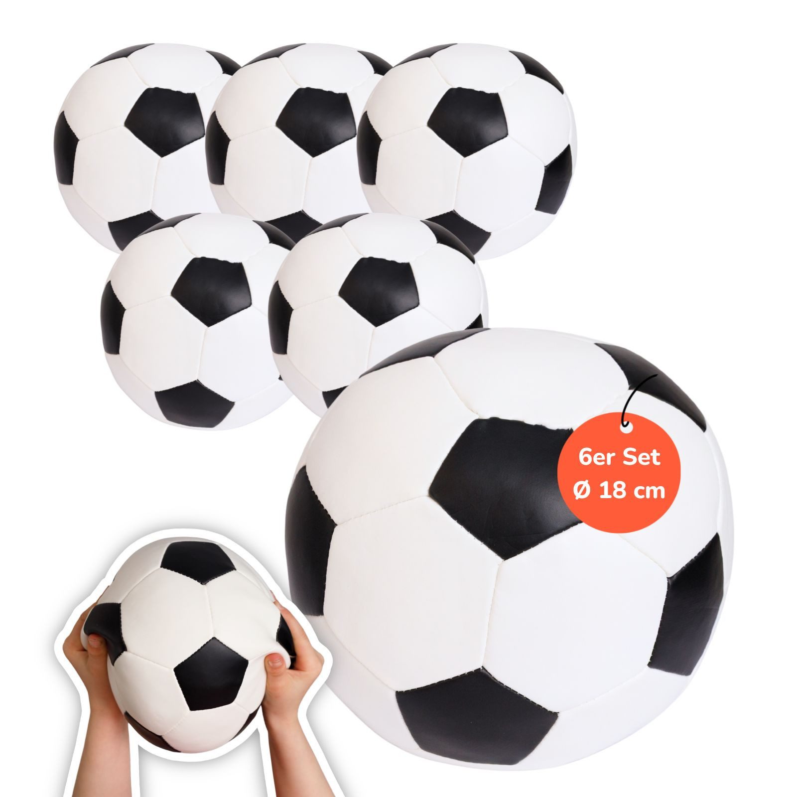 Softball 6er Set, Soft-Fußbälle schwarz-weiß, Ø 18 cm, für Kinder ab 0 Jahren