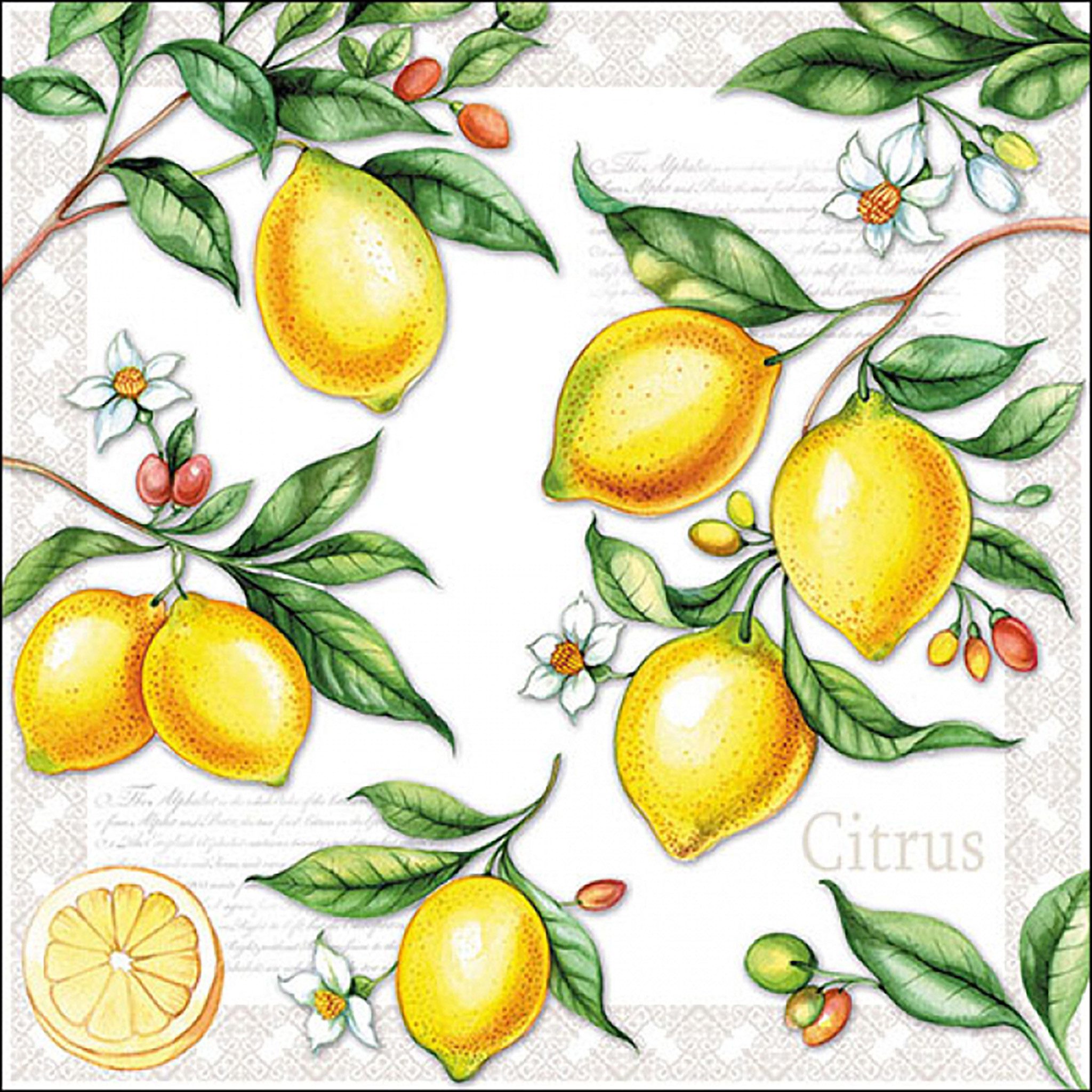 Ambiente Luxury Paper Products Papierserviette, Servietten Papier 33x33cm 3-lagig mit Zitronen & Blüten Motiv 20 Stk.