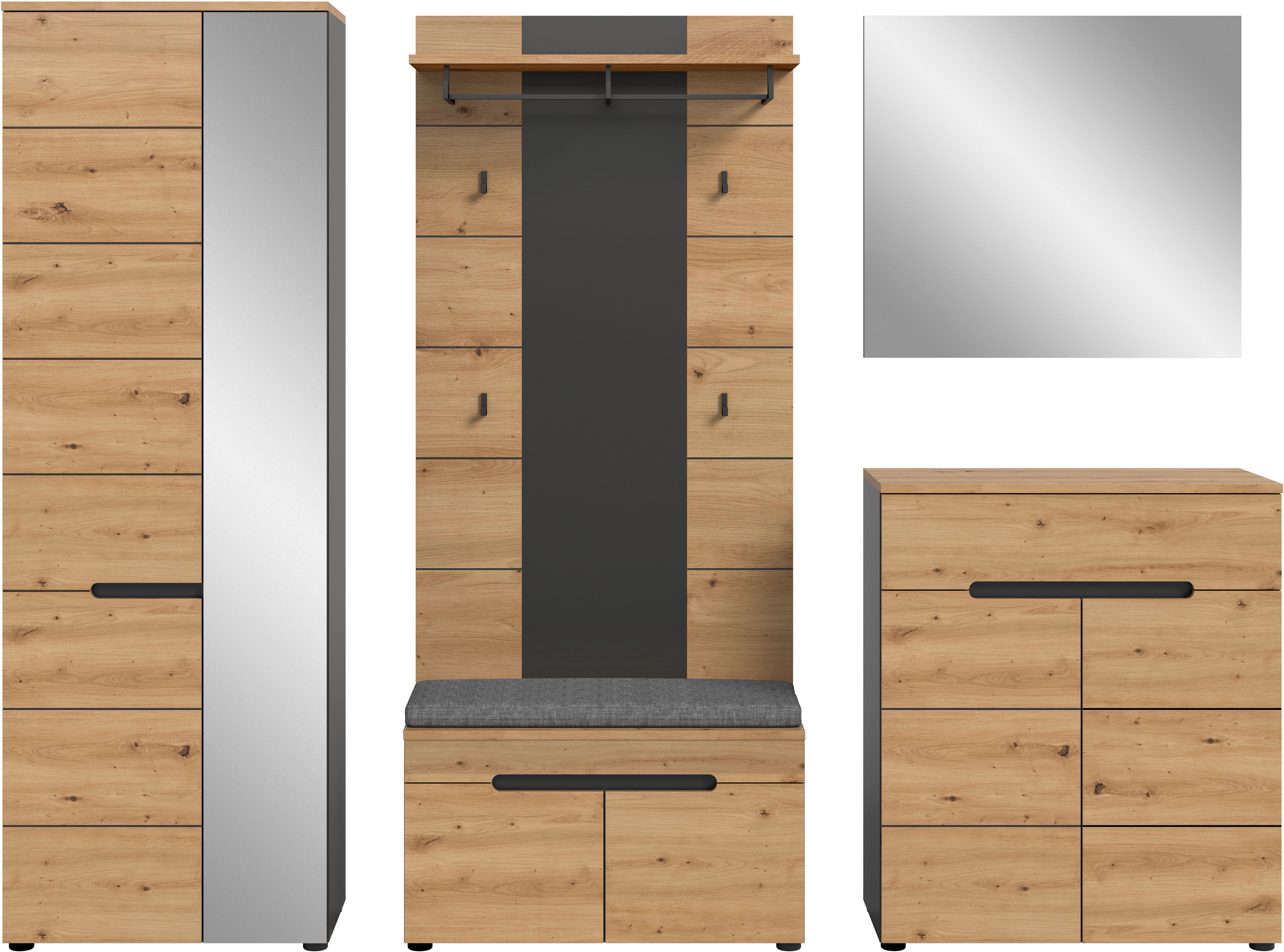 Home affaire Garderoben-Set REHAT, TOPSELLER!, 5-teilig, Breite 255 cm, individuell erweiterbar, (Set, 6-St., bestehend aus: Schrank, Sitzbank, Sitzkissen, Paneel, Spiegel, Kommode), Garderobenkombination, Kombination, Set, Flurgarderobe, Diele
