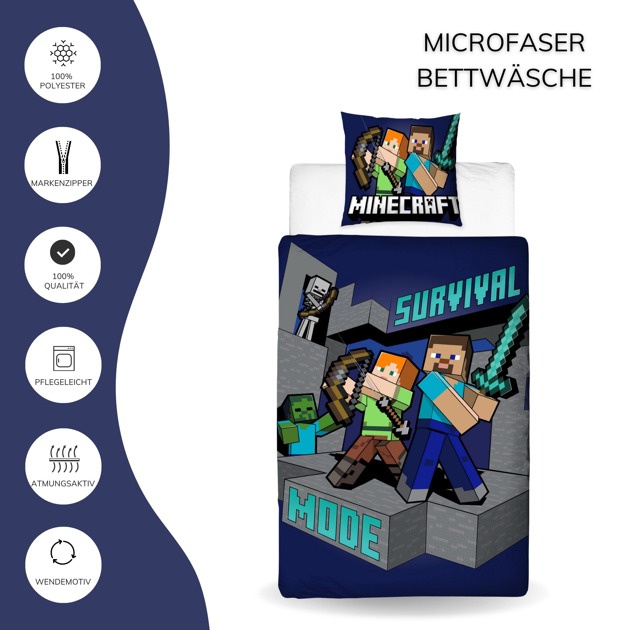 MTOnlinehandel Kinderbettwäsche Minecraft 135x200 + 80x80 cm, Geschenk für Gamer, Microfaser, 2 teilig, Wendebettwäsche für Mädchen und Jungen, Gaming – Bild 4 von 5