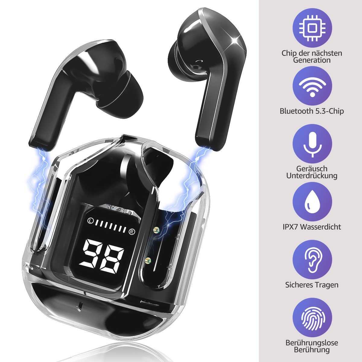 VSIUO Wireless Earbuds Deep Bass Ohrhörer Bluetooth-Kopfhörer (LED Anzeige, Voice Assistant, Rauschunterdrückung, Bluetooth 5,3, Noise Cancelling True Wireless In Ear Kopfhörer, IPX7 wasserdicht)