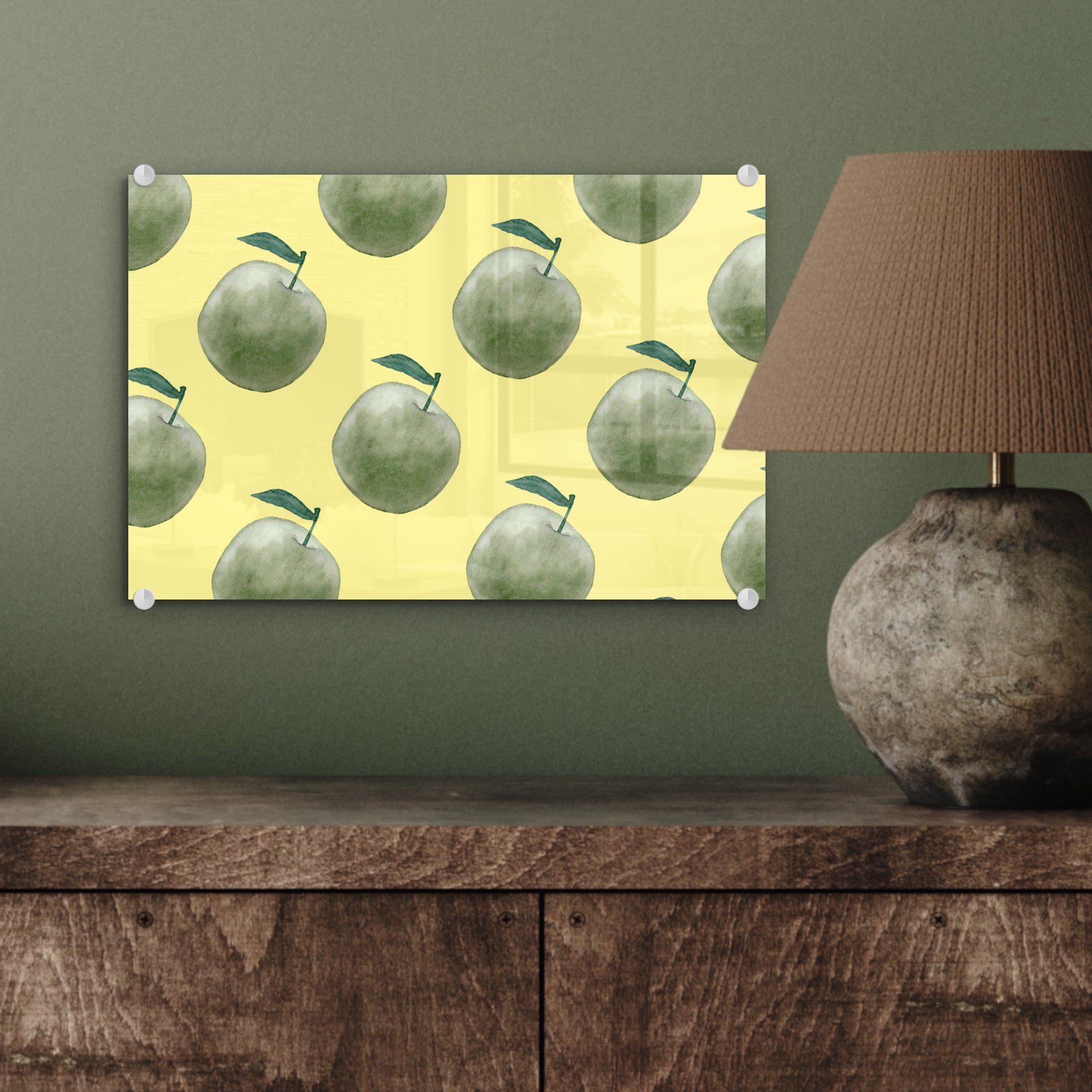 - (1 Bilder Wandbild MuchoWow St), Glas - Glas auf Glasbilder Wanddekoration - - - Acrylglasbild Muster, Äpfel Foto auf Grün