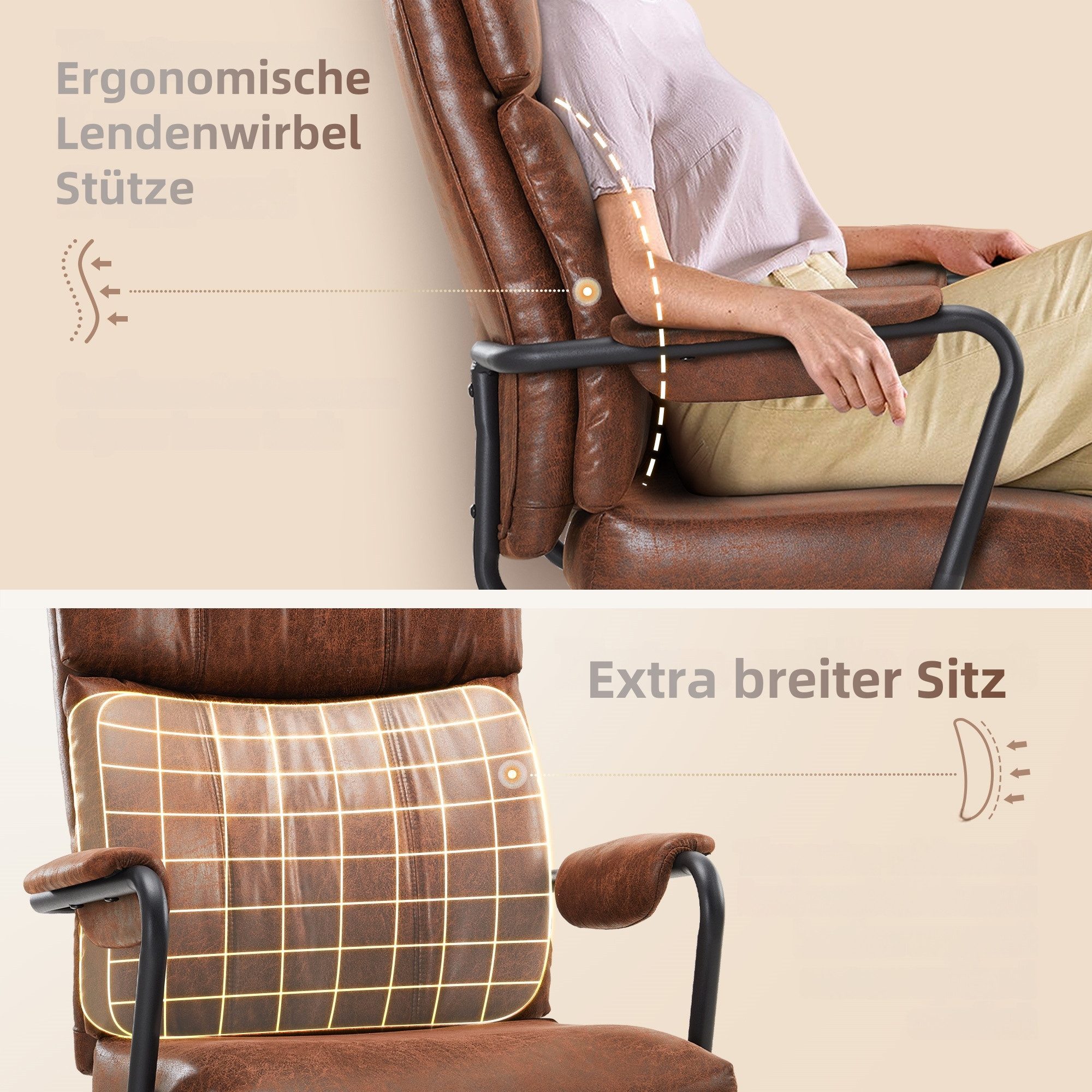 IWMH Bürostuhl Ergonomischer Chefsessel, Retro PU-Leder Drehstuhl, Schreibtischstuhl mit Lendenwirbelstütze Höhenverstellbar Gaming Stuhl – Bild 5 von 5