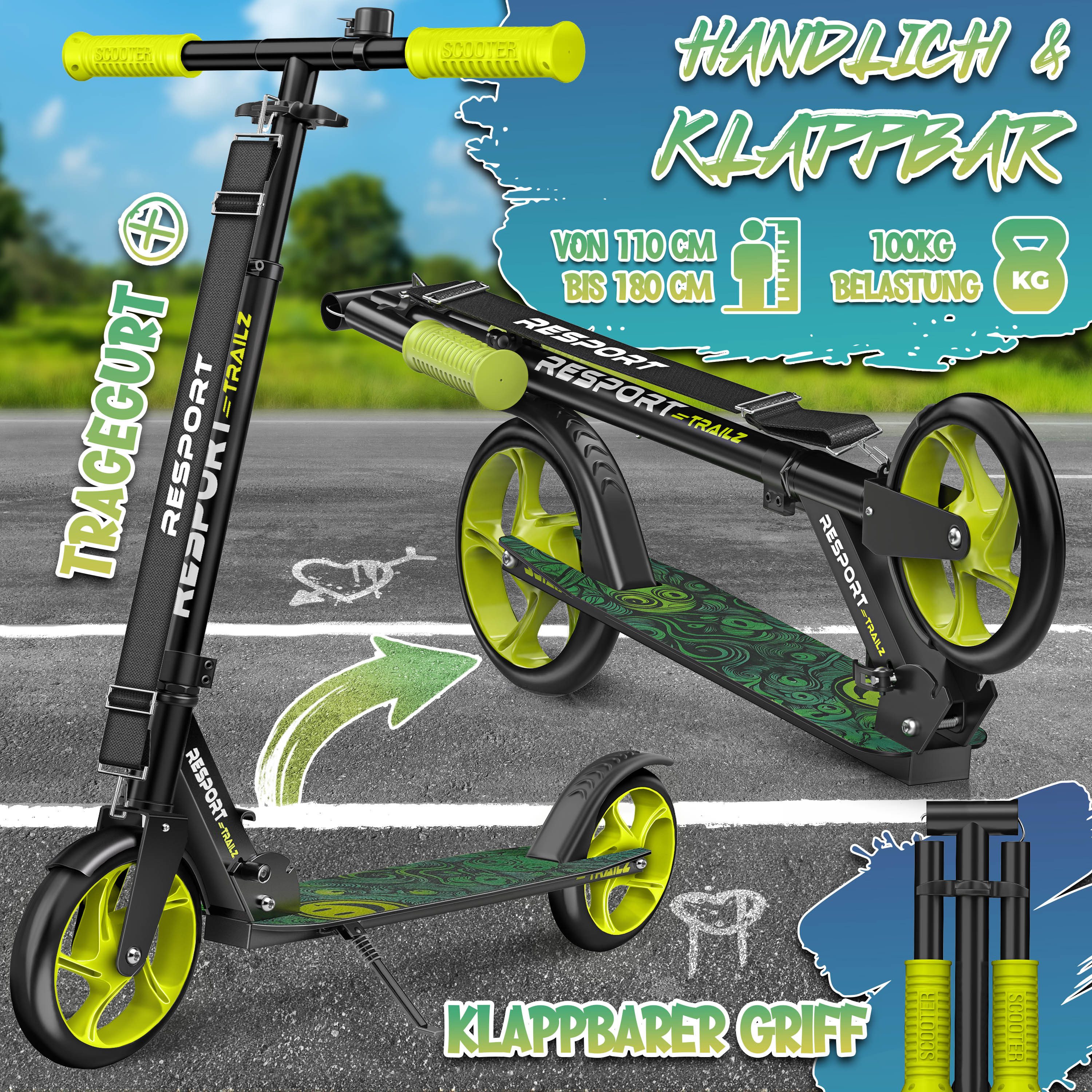 RE:SPORT Cityroller RE:SPORT® Trailz Cityroller Scooter inkl. Tragegurt und Klingel 200mm, (Scooter höhenverstellbar & klappbar, Kinderroller große Räder Kicksc – Bild 2 von 5
