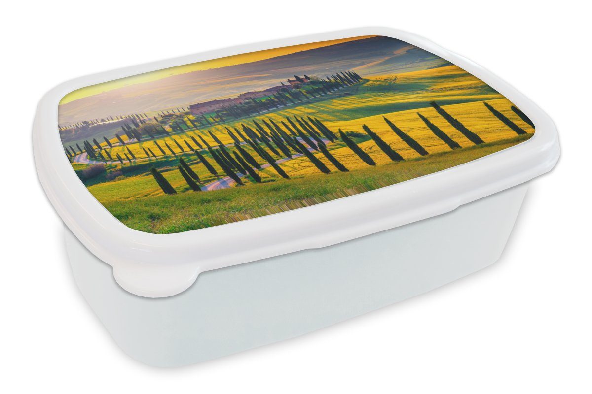 MuchoWow Lunchbox Gras - Sonne - Hügel - Landschaft, Kunststoff, (2-tlg), Brotbox für Kinder und Erwachsene, Brotdose, für Jungs und Mädchen weiß