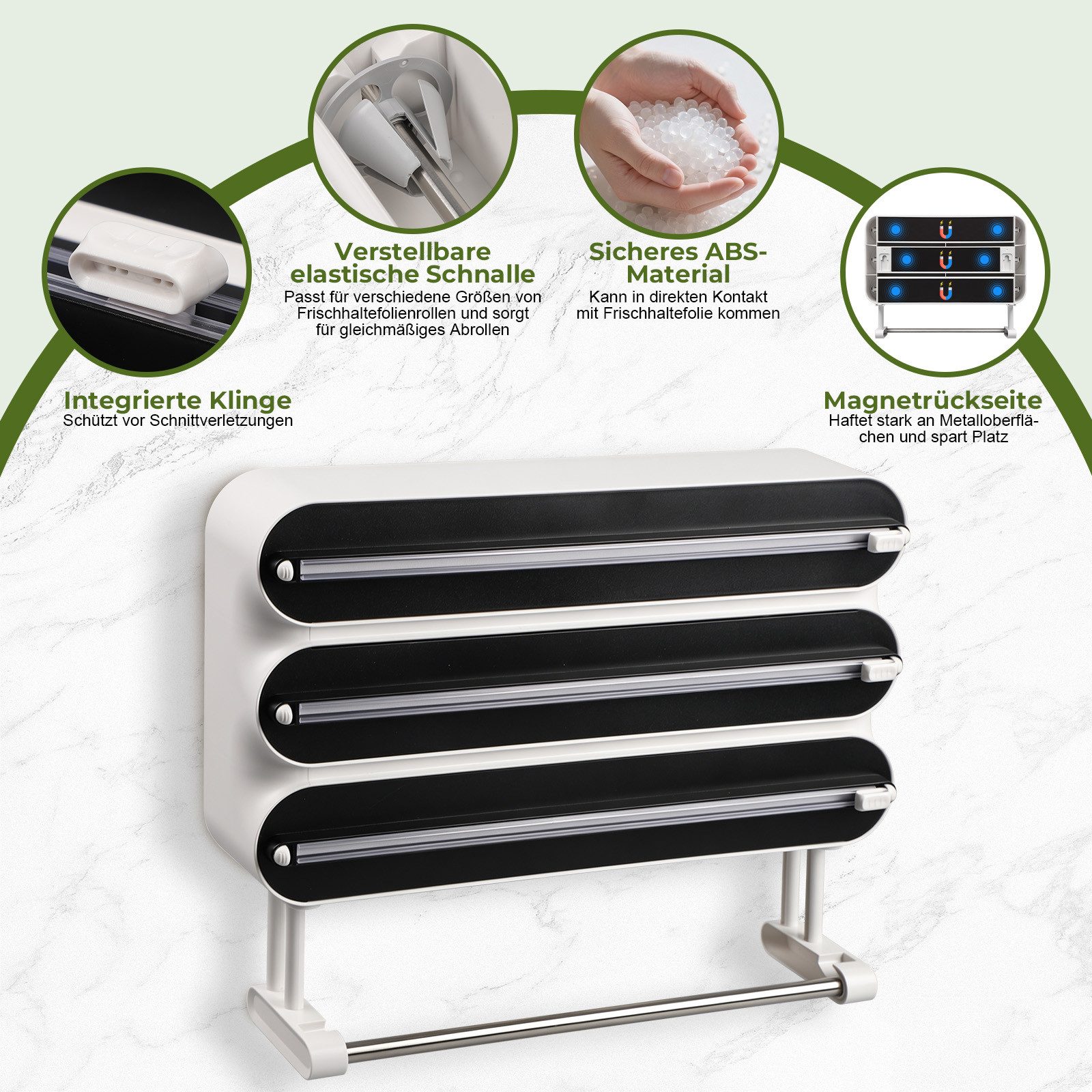 JOYOLEDER Küchenrollenhalter 4-in-1 Frischhaltefolienspender mit Küchenrollenhalter, (Platzsparender Wandrollenhalter, magnetisch & ohne Bohren), Folienschneider für Frischhaltefolie & Alufolie