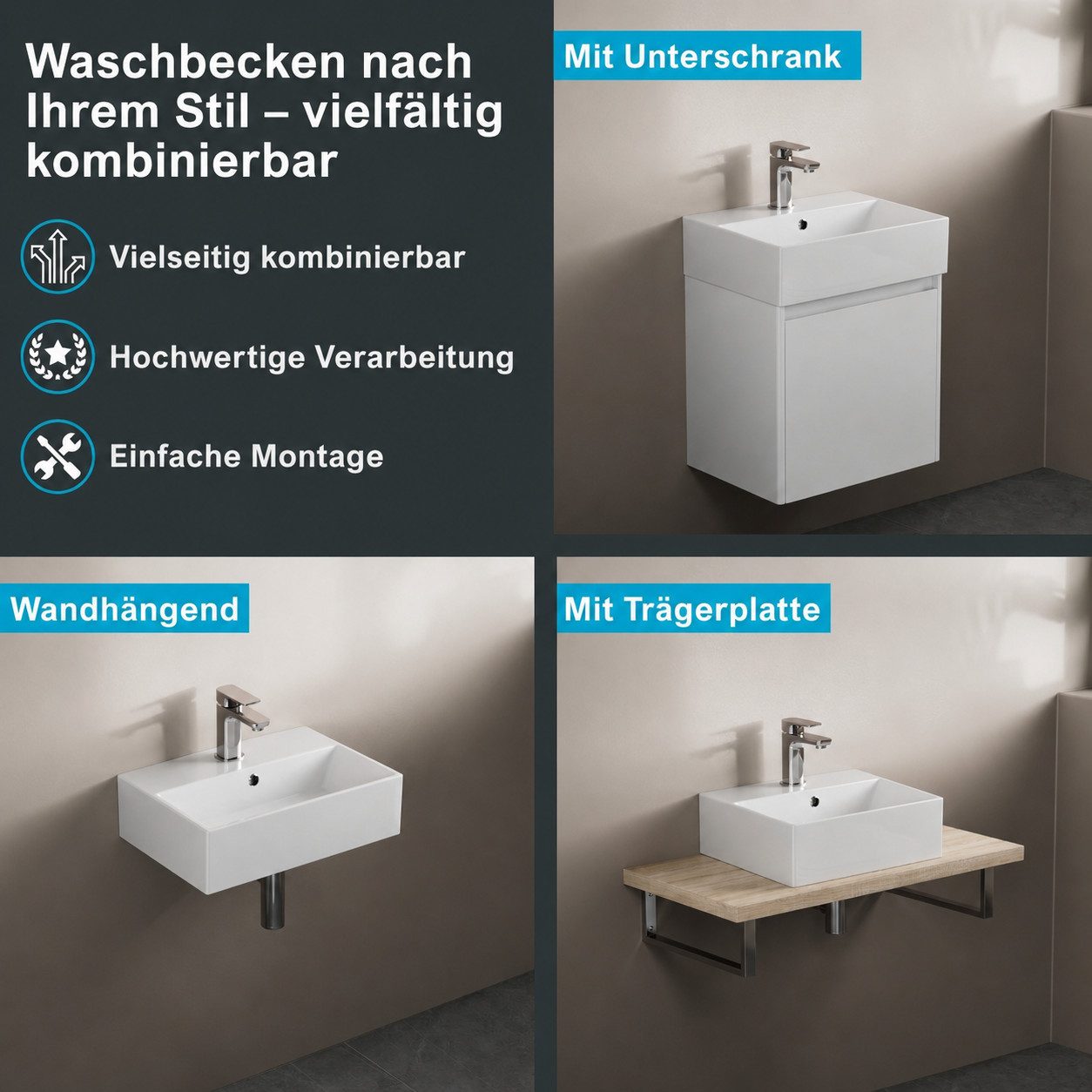 Aqua Bagno Waschbecken Keramik Waschbecken Waschtisch Aufsatz- Möbel- Wandmontage 60cm weiß (Einzelwaschbecken), 50 cm breit, mit Hahnloch und Überlauf, für Aufsatz-, Möbel- und Wand