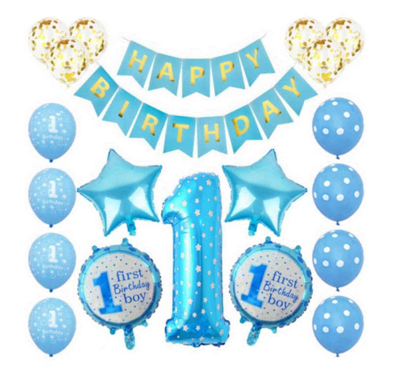 Montegoni Luftballon Erster Geburtstag deko Jungen Mädchen, 22 Teilig Set: Girlande, Zahlen, Stern, Runde Luftballons usw.