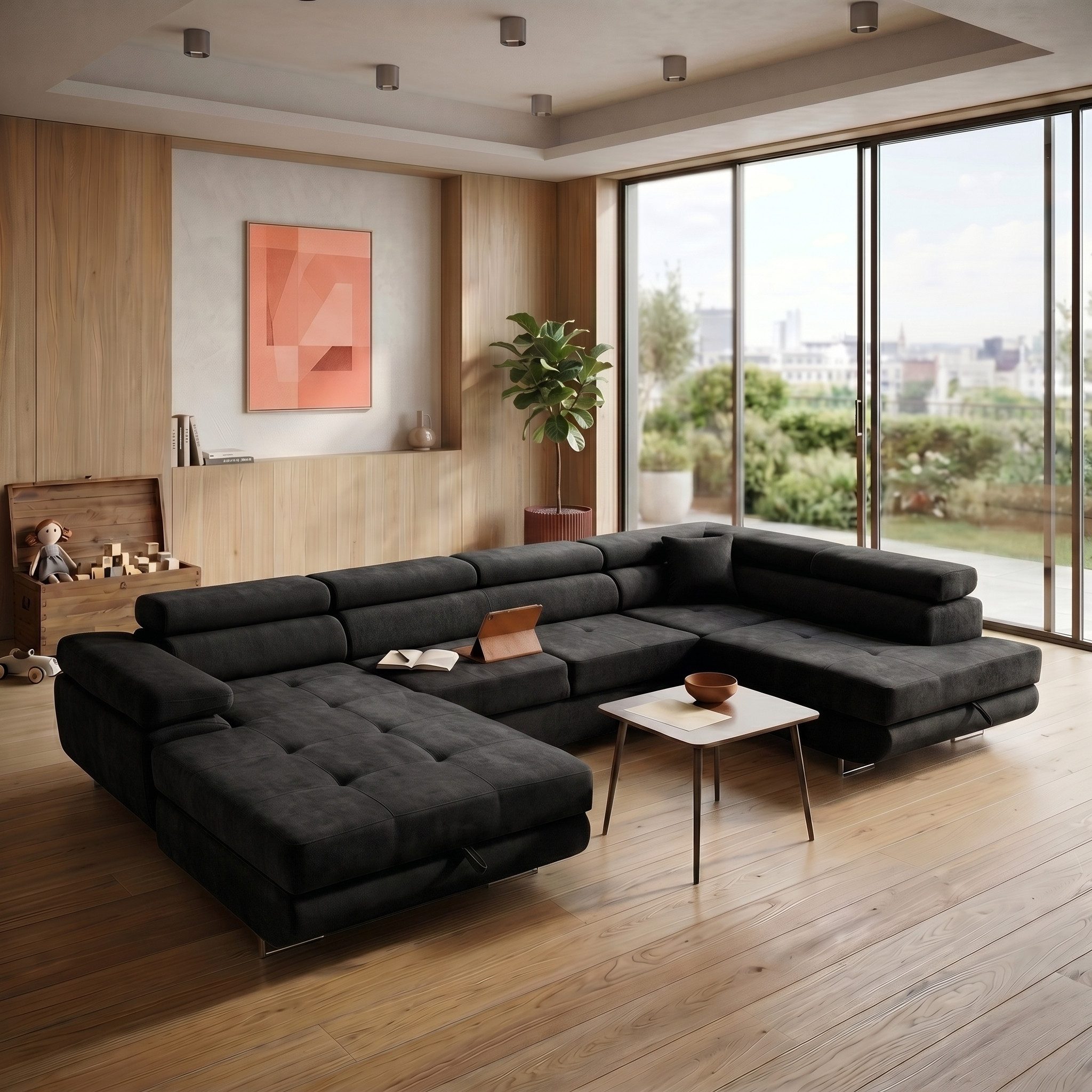 Muffo Ecksofa WILD U, Verstellbare Kopfstützen, elegante Metallbeine, 2 Bettzeugkasten, gelegentliche Schlaffunktion