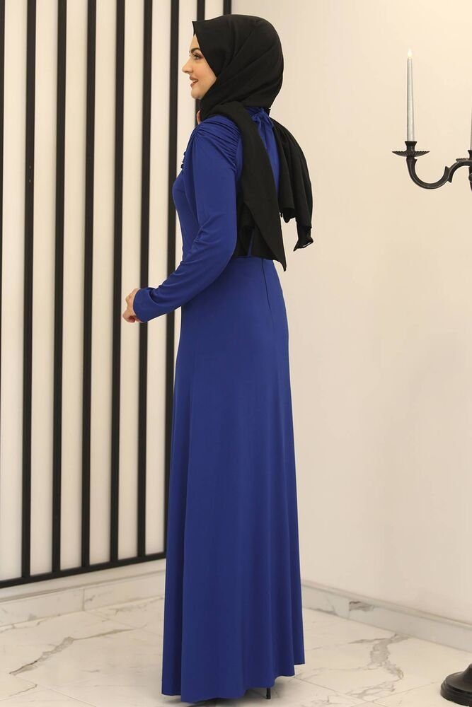 Modavitrini Abendkleid Abaya Kleid Blau Abiye elastisch Damen Hijab Raglanärmeln mit