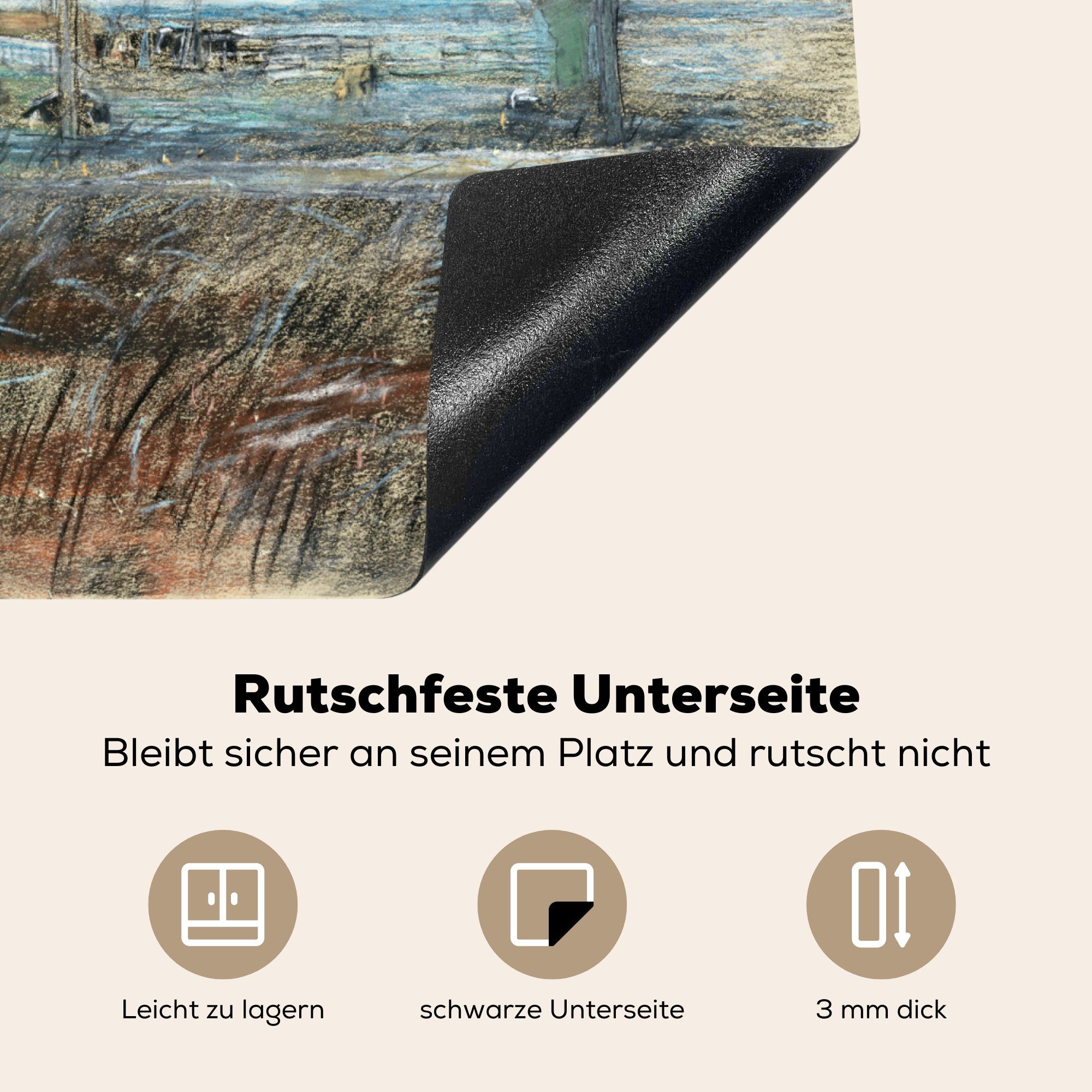 - Piet 59x52 Mondrian, küche, für Bäumen Vinyl, Herdblende-/Abdeckplatte MuchoWow cm, die im Vordergrund tlg), drei Bauernhaus Induktionsmatte hohen mit Ceranfeldabdeckung (1