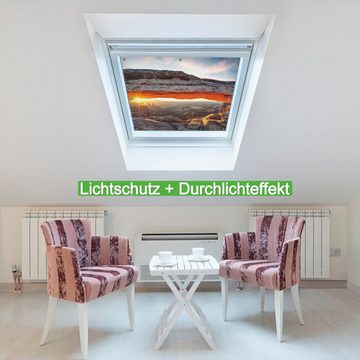 Sonnenschutz Sonnenstrahl am Horizont  Leuchtende Felsspalte, Wallario, blickdicht, mit Saugnäpfen, wiederablösbar und wiederverwendbar