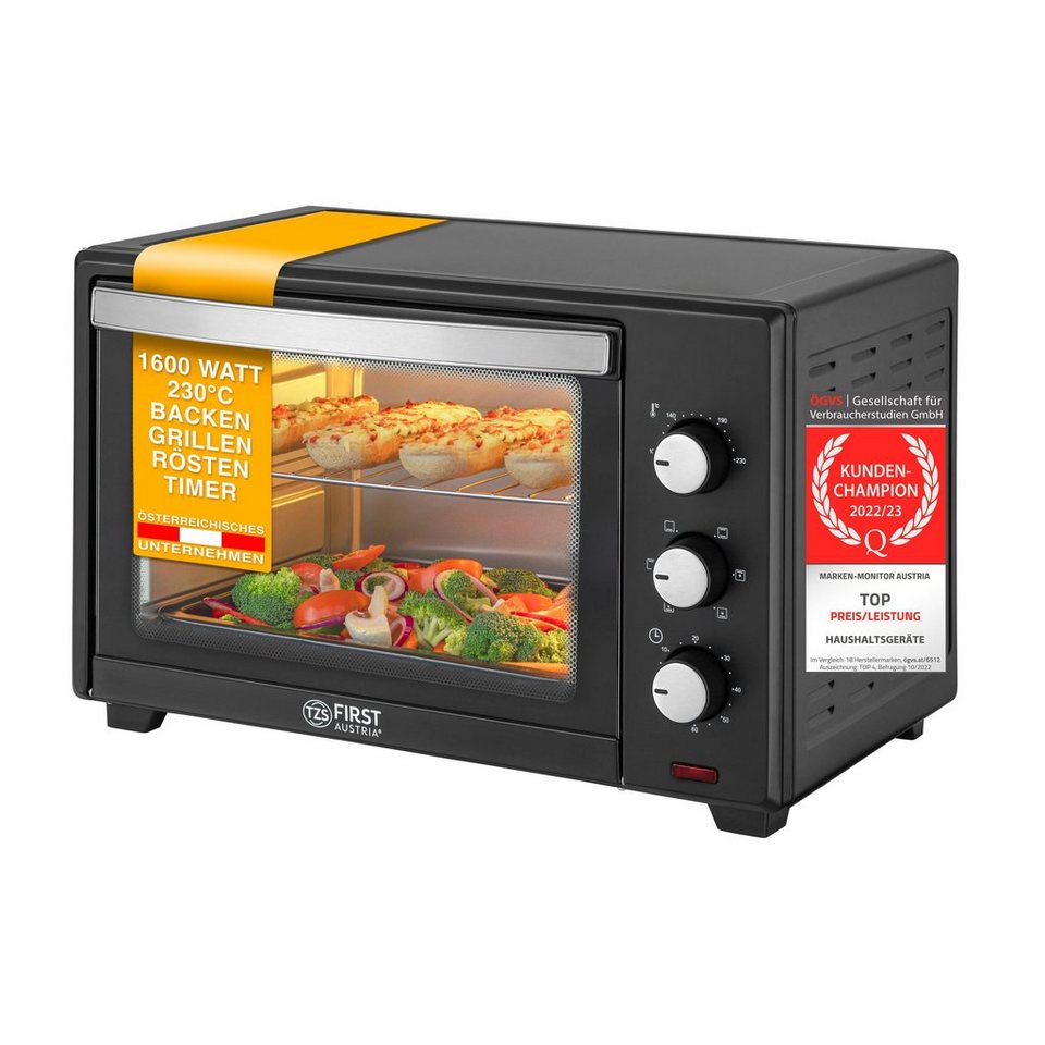 TZS FIRST AUSTRIA Minibackofen 35L Mini Backofen, 1600 W, mit  Innenbeleuchtung und Umluft, Pizzaofen, Mini Pizza-Ofen, Doppelglastür,  Timer, herausnehmbares Krümelblech