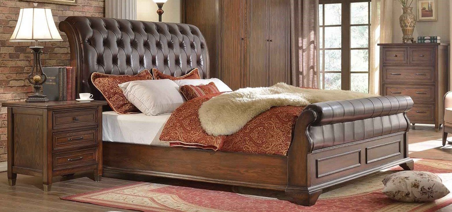 JVmoebel Lederbett Holzbett mit Nachttischen – 3-teiliges Set in Braun, Made in Europa