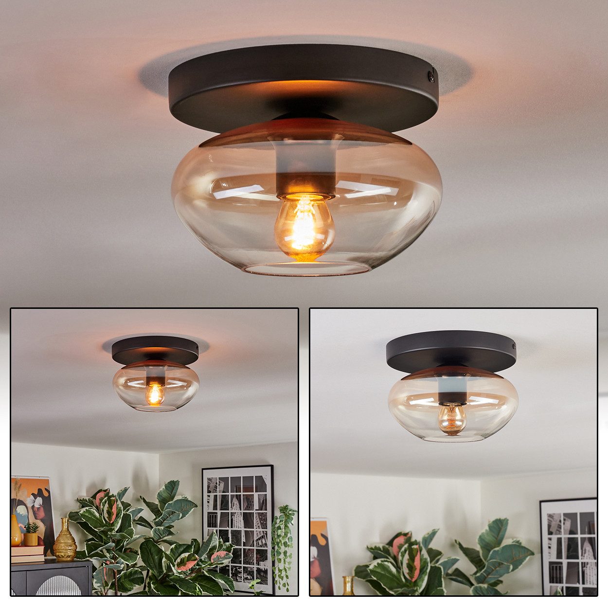 hofstein Deckenleuchte Deckenlampe aus Metall/Glas in Schwarz/Bernsteinfarben/Klar, ohne Leuchtmittel, Leuchte im Retro/Vintage-Design mit Glasschirm (20 cm), 1 x E27