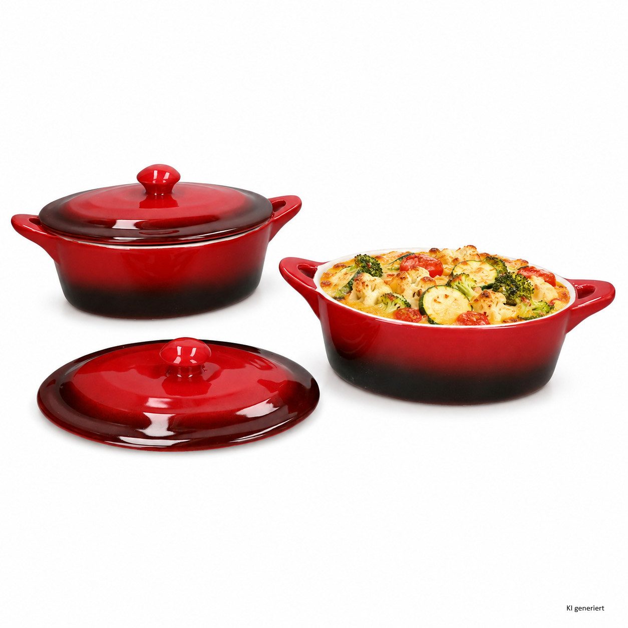MamboCat Auflaufform 2x CROSSY Rot Kasserole oval mit Deckel 600ml Airfryer Auflaufform, Steingut