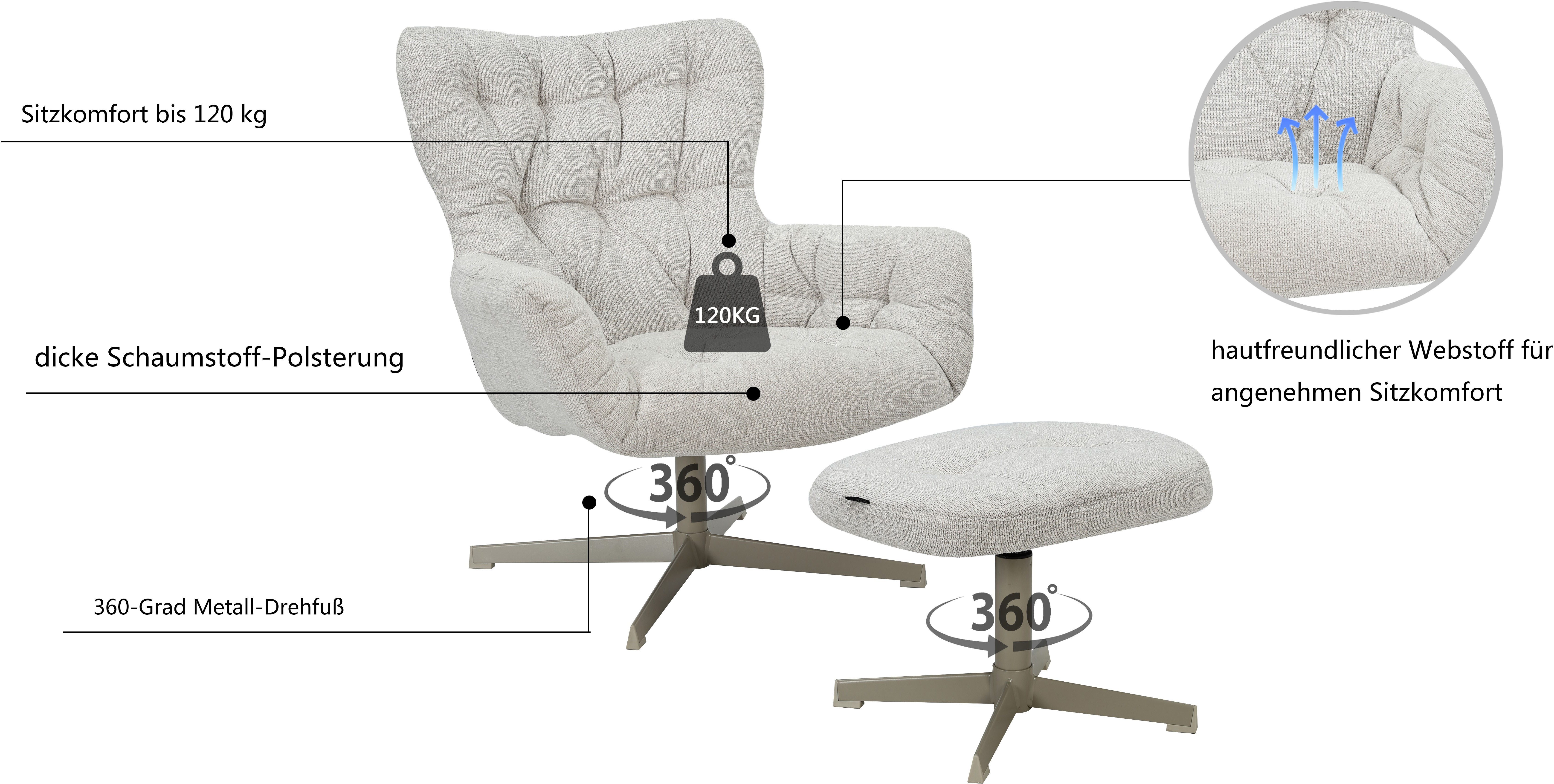 Home affaire Drehsessel VERGAS Ohrensessel mit Hocker im Set, Relaxsessel mit 360-Grad-Drehfunktion u. Hocker, Web-Stoff