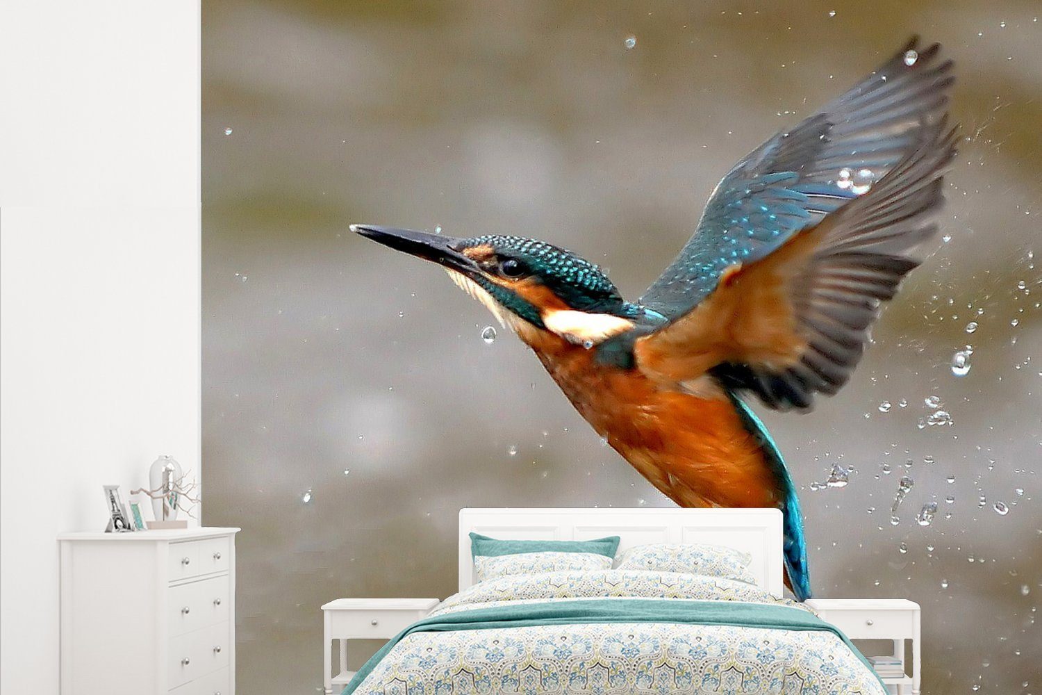 MuchoWow Fototapete Eisvogel - Wasser - Fliegen, Matt, bedruckt, (5 St), Vliestapete für Wohnzimmer Schlafzimmer Küche, Fototapete