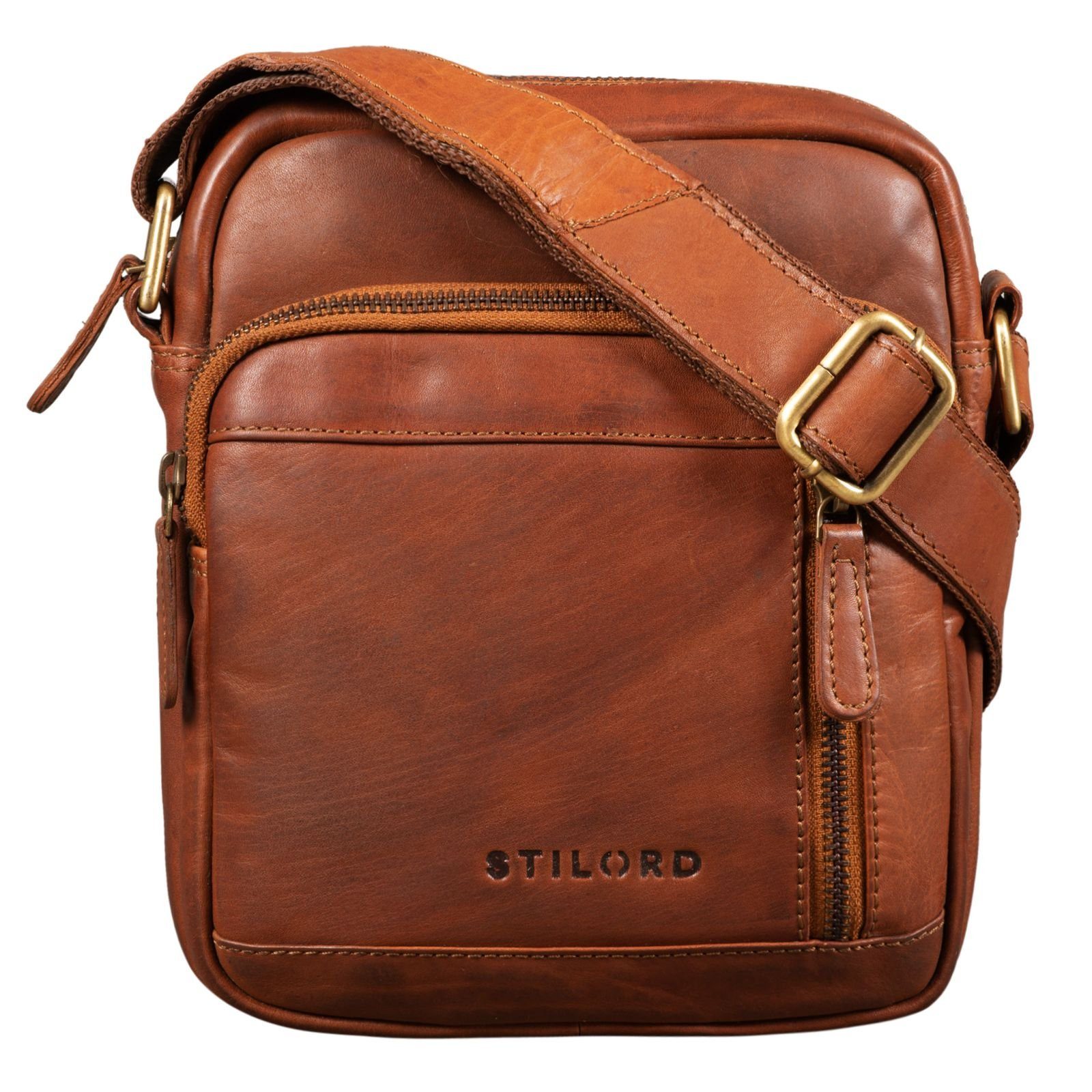 Leder STILORD / Bag Kleine cognac braun Messenger Umhängetasche "Zac" Herren