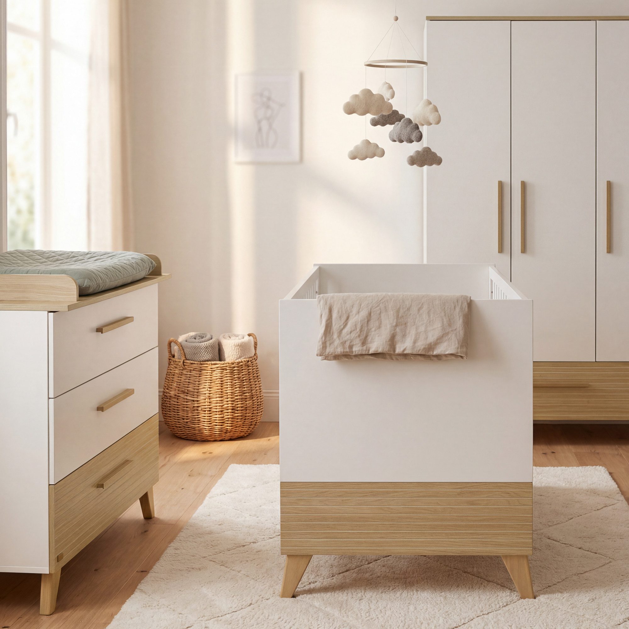 roba® Babybett Theo 70 x 140 cm - modernes Gitterbett - Fräsungen - Holz, umbaubar, 3 Schlupfsprossen, 3-fach höhenverstellbar - Weiß / Ulme
