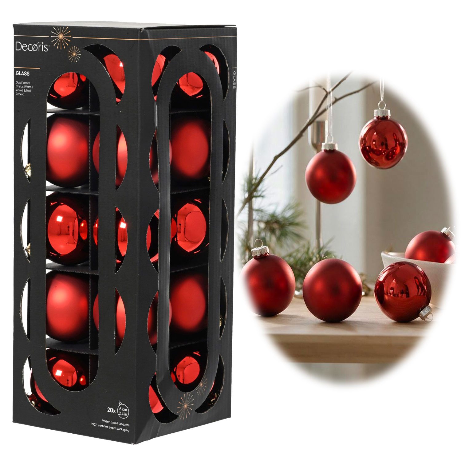 LS-LebenStil Weihnachtsbaumkugel 18-20 Design Glas Weihnachtskugeln 6cm Rot Weihnachtsrot Christbaum (18 St), Edle Weihnachtsdeko Matt / Glänzend Weihnachtsbaumschmuck Deko Kugeln