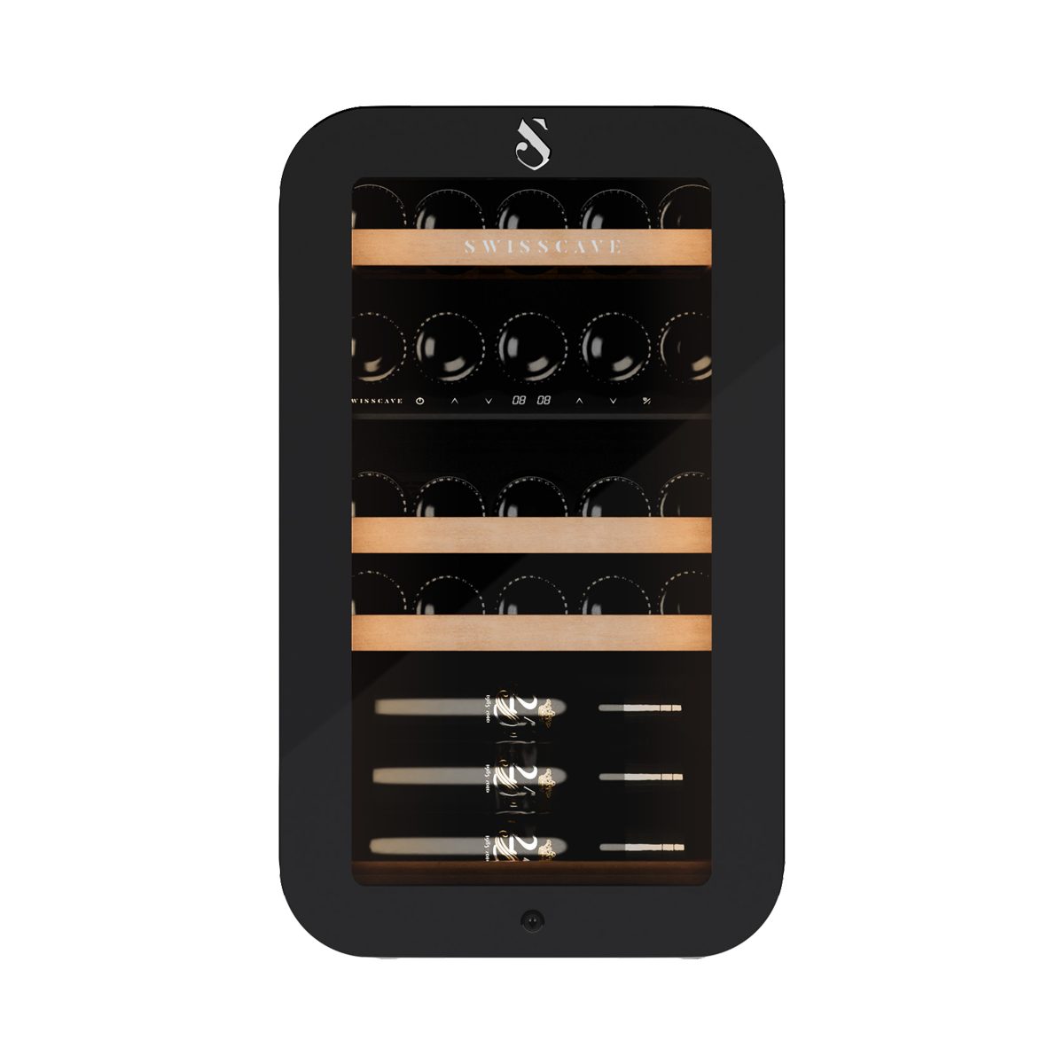 Swisscave Weinkühlschrank WLB-120DF-BLACK, 2-Zonen Weinkühlschrank, 83cm (H), 26 Flaschen, für 26 Standardflaschen á 0,75l,Umschaltbare Rundumausleuchtung (Weiß, Blau, Amber)