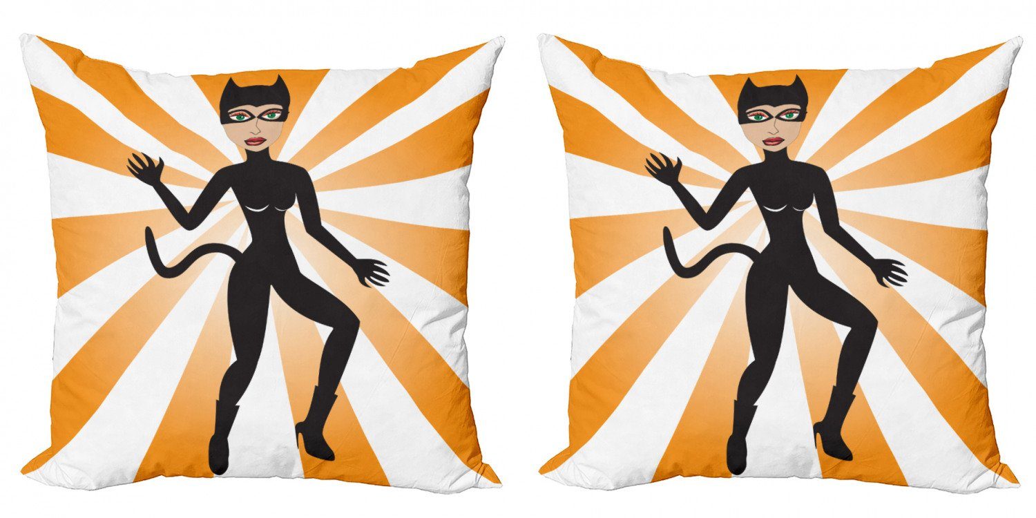 Kissenbezüge Modern Accent Doppelseitiger Digitaldruck, Abakuhaus (2 Stück), Orange und Schwarz Katzen-Frau im Kostüm Rays