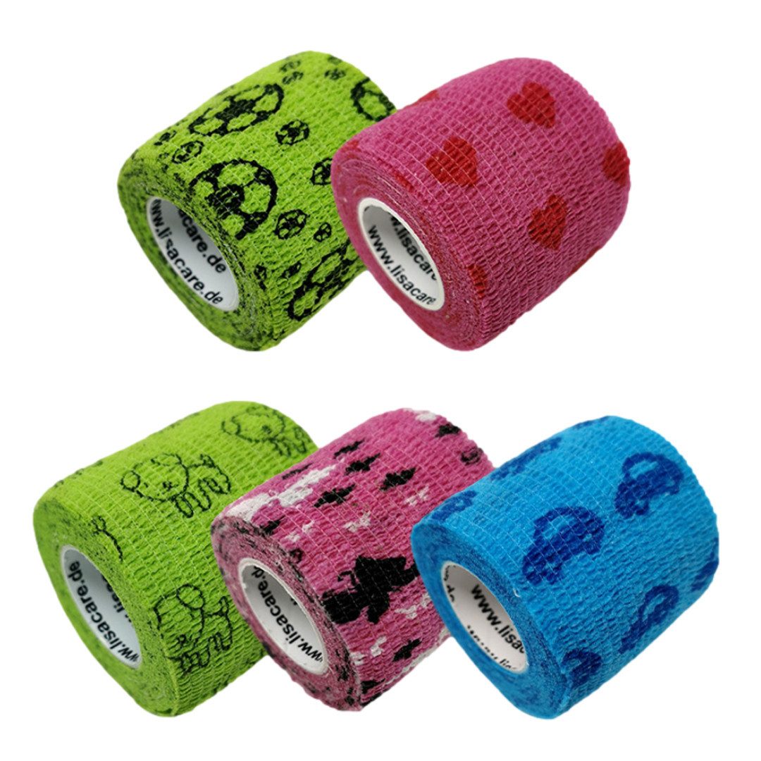 LisaCare Wundpflaster Selbstklebender Pflasterverband - Kohäsiver Verband/Bandage (Kinder-Set, 5 St., Auto, Hund, Fußball, Herz & Schmetterling / 5cm x 4,5m), Kinder-Erstversorgung!