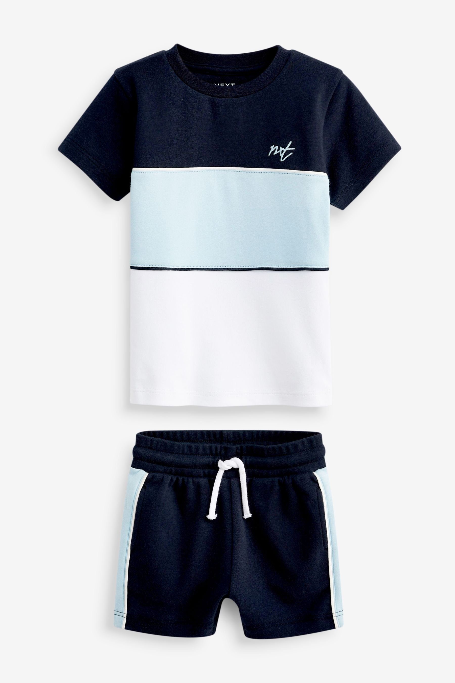 Next Shirt & Hose Kurzarm-T-Shirt und Shorts in Blockfarben im Set (2-tlg) Blue and White