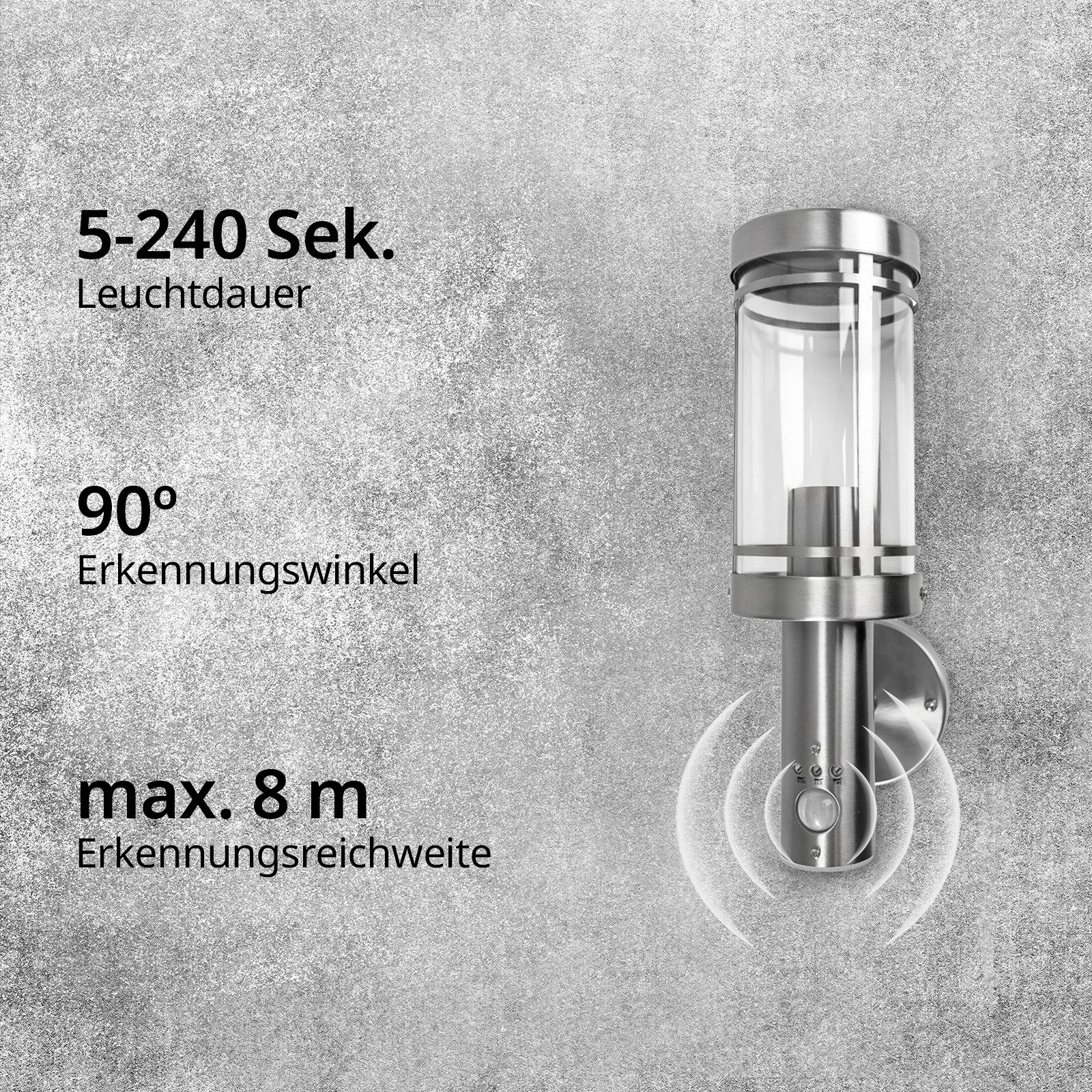 Grafner Außen-Wandleuchte Wandlampe Bewegungsmelder Edelstahl Wandleuchte Hofleuchte E27, ohne Leuchtmittel, Wandlampe – Bild 5 von 5