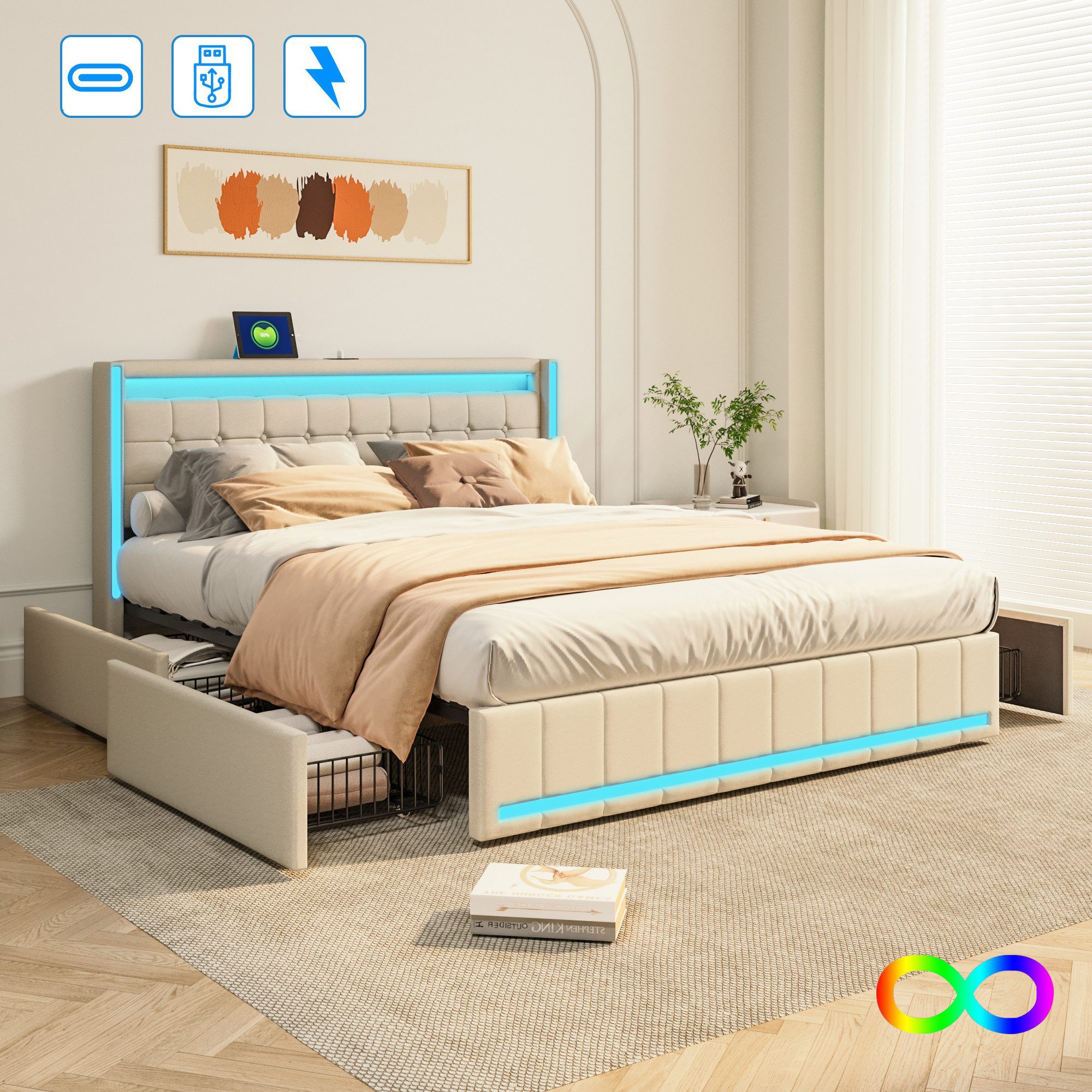 Furnishings Home Polsterbett Doppelbett mit LED-Licht und USB-Anschluss und günstig online kaufen