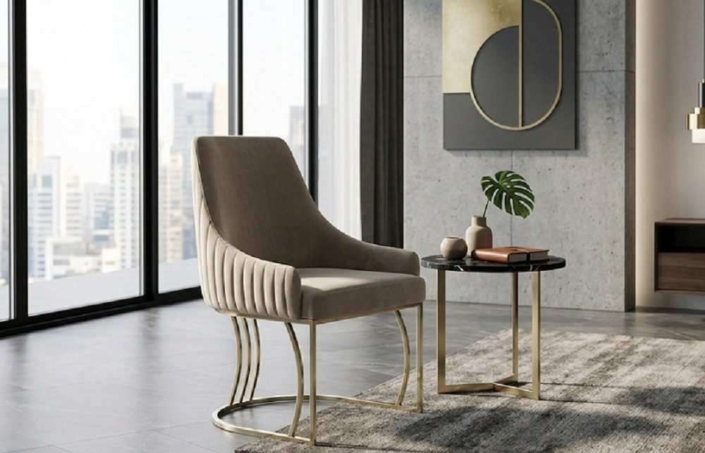 Xlmoebel Polsterstuhl Beiger Edelstahlstuhl mit elegantem Design für Esszimmer, Hergestellt in Europa