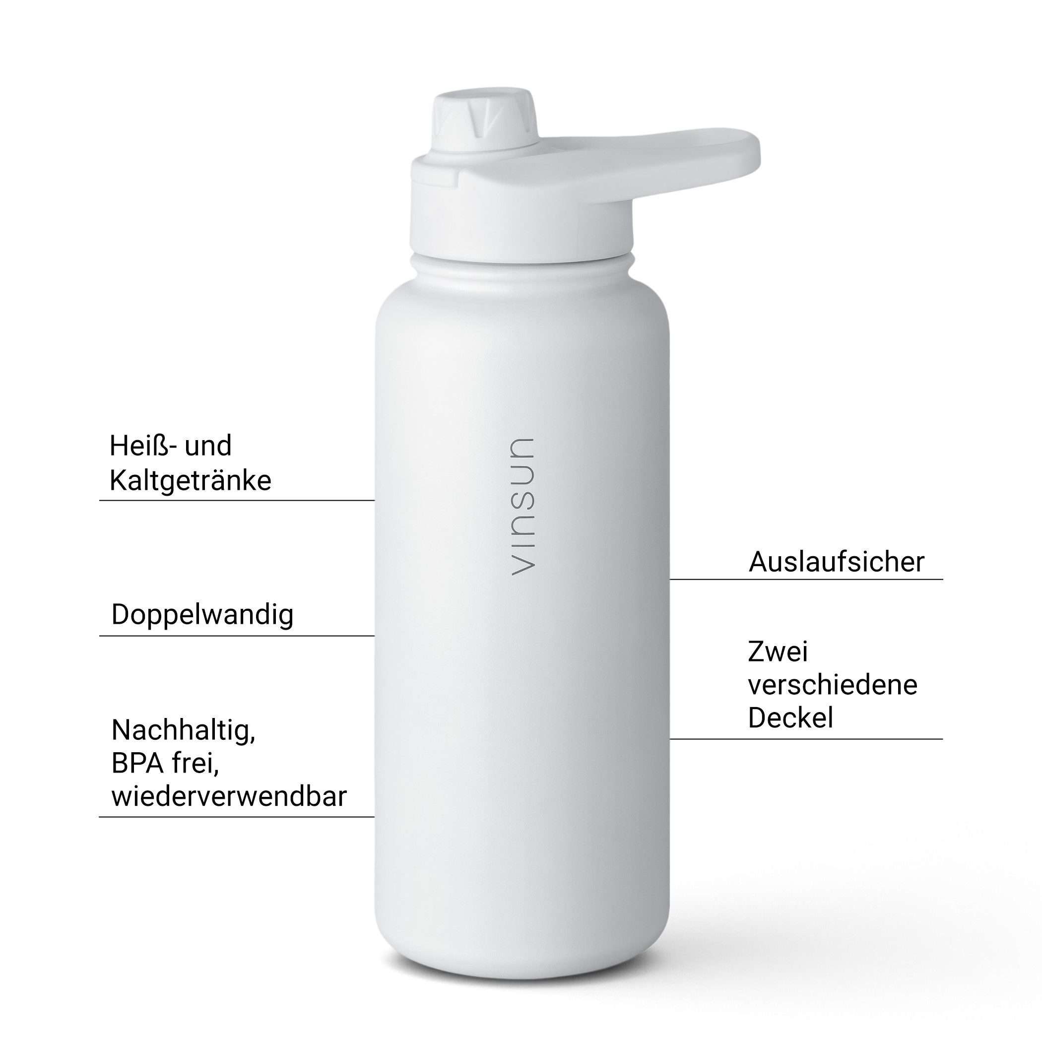 Vinsun Isolierflasche Edelstahl Trinkflasche 1L Strohhalm - 2 Deckel Thermoflasche BPA frei, Doppelwandig isoliert, auslaufsicher, bruchsicher, Geruchsneutral