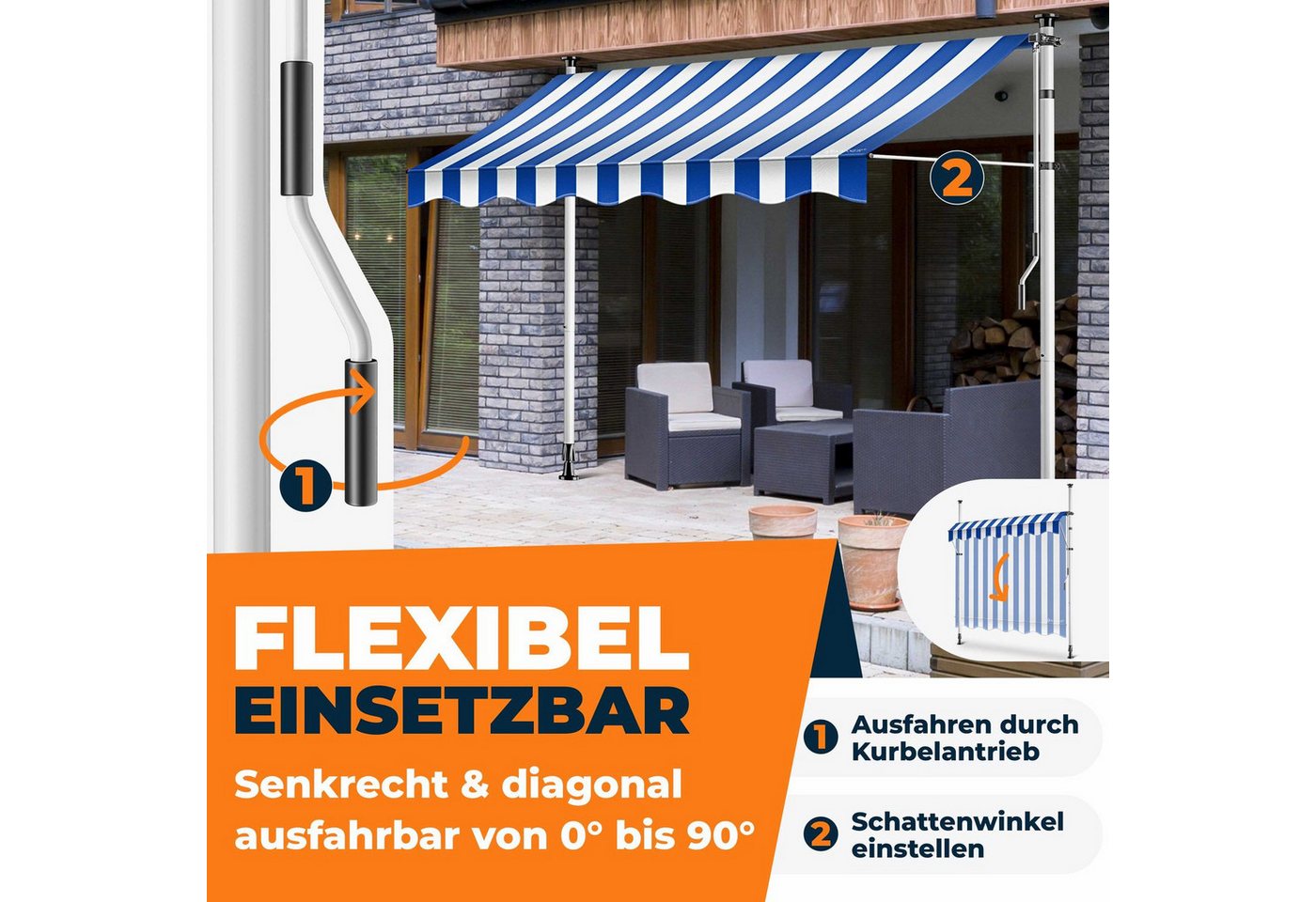 Thumbnail - KESSER Klemmmarkise mit Handkurbel & LED, 150x180cm Balkonmarkise ohne Bohren UV-Beständig (Markise + solarbetriebene LE...