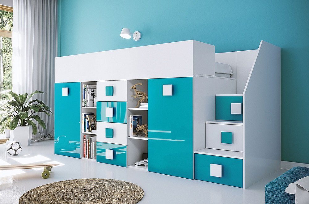 Feldmann-Wohnen Hochbett TOLEDO 3 (Etagenbett mit Schreibtisch + Kleiderschrank) Farbe wählbar - Treppe rechts weiß / türkis Hochglanz - Griffe weiß / türkis