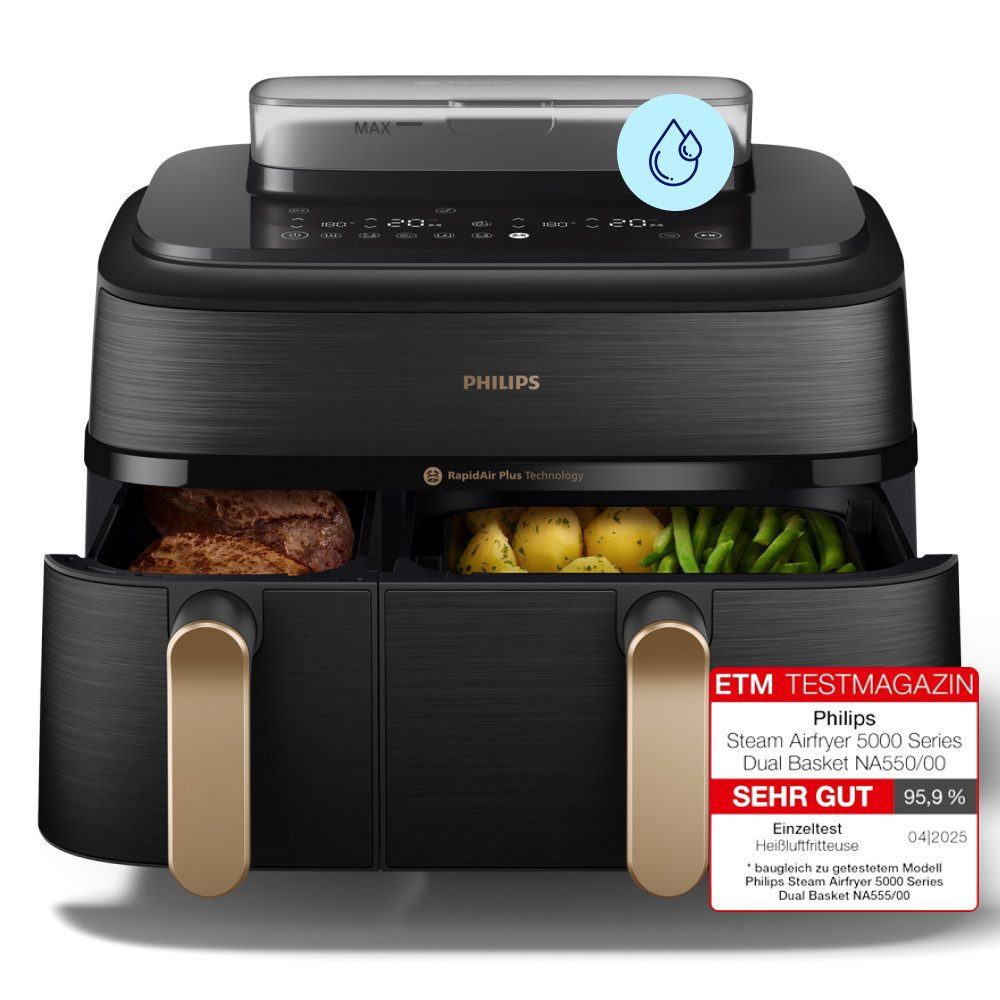 Philips Heißluftfritteuse NA552/00 Steam Airfryer 5000 Series Dual Basket 9L Kapazität (3L+6L), 2750 W, mit Dampfgar-Funktion, Silber/Edelstahl