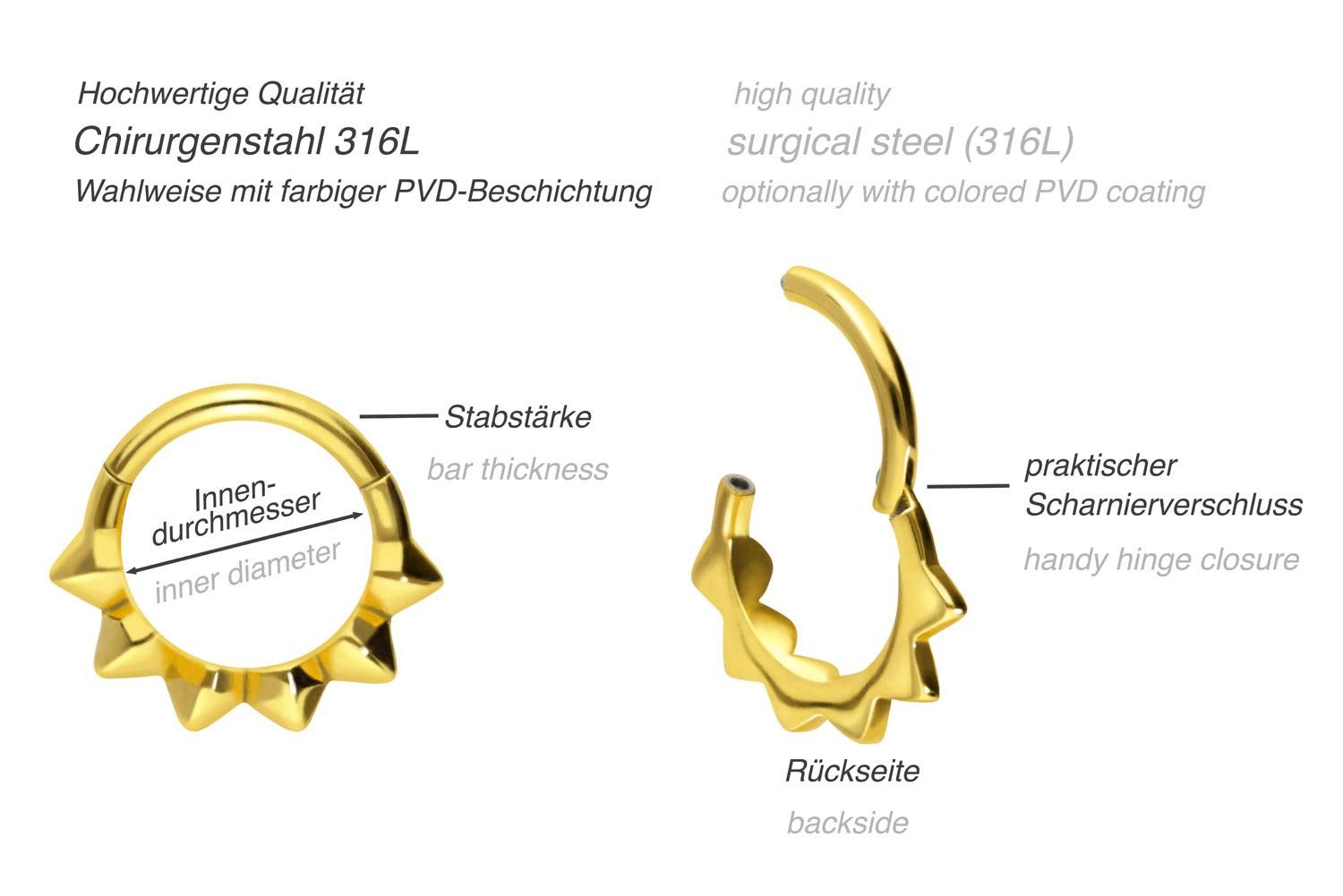 PIERCINGLINE Nasenpiercing Chirurgenstahl Segmentring Clicker SPITZEN Ohrpiercing Septum Nase (Clicker, 1-tlg), Ohrpiercing für Conch, Helix, Tragus, Daith, Lobe