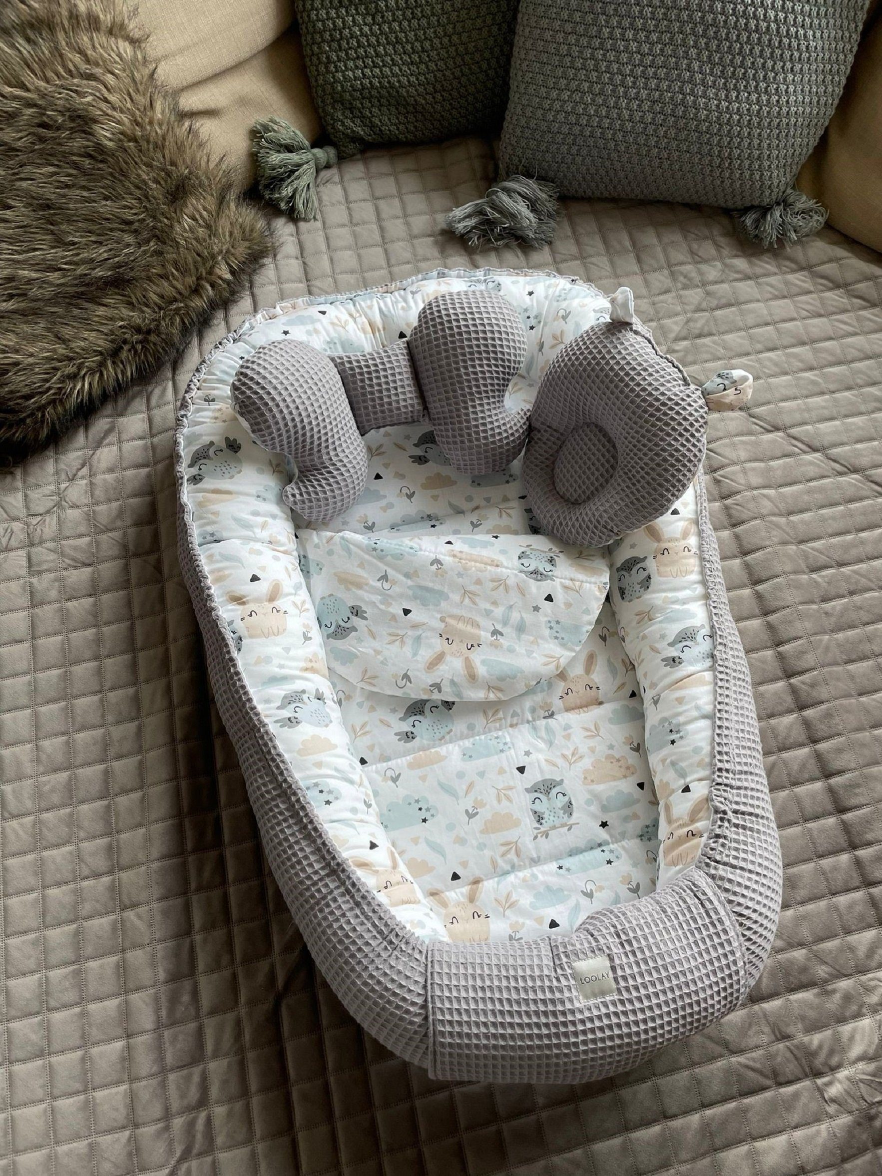 Loolay Bettnestchen GRAU Waffelpique/ HASE Beige Weiß BABYNEST Babyausstattung Neugeborene, (Super BABYGESCHENK Reisebett Nestchen SOLO/ o. in PREMIUM Geschenk  – Bild 2 von 5
