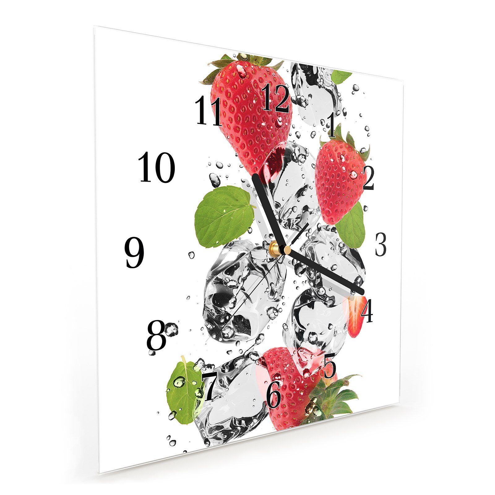 Motiv Wanduhr 30 auf Wassersplash Größe Erdbeeren Wandkunst Wanduhr x 30 Glasuhr Primedeco cm mit