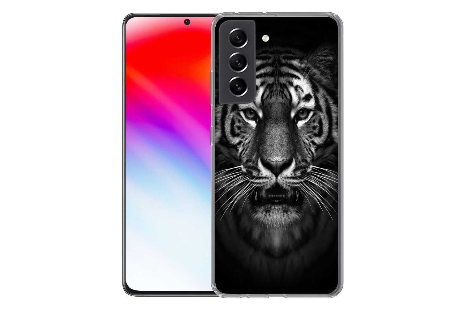 MuchoWow Handyhülle für Samsung Galaxy S21 FE Tiger - Tiere - Schwarz - Weiß - Porträt - W, Phone Case, Silikon, Schutzhülle Dünn