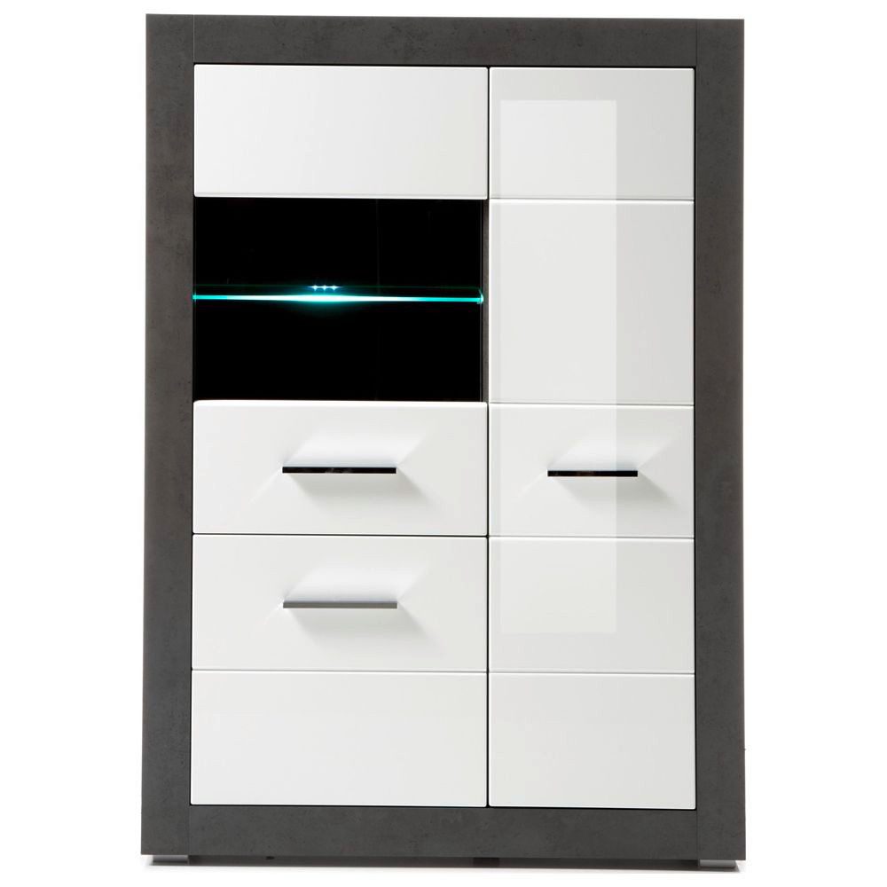 Lomadox Highboard ETON-61, weiß mit Betonoptik dunkel mit LED 100/142/35cm
